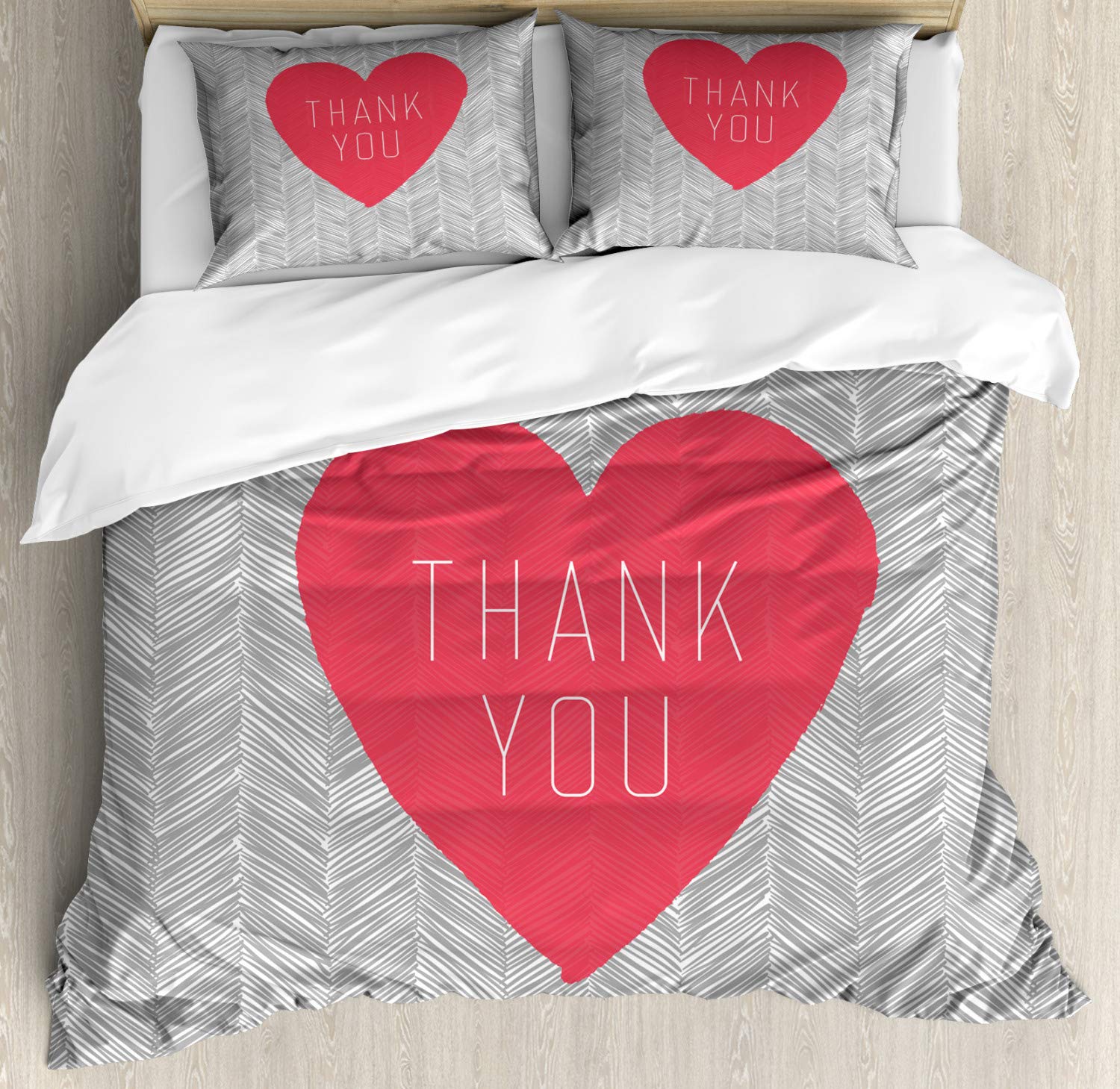 **Ambesonne Thank You Duvet Cover Set - King Size, Dark Coral & Grey, Big Heart Text with Stripes Love Theme, 3-Piece Bedding (Duvet Cover + 2 Pillow Shams) - Perfect for Valentine's Day, Anniversary Gifts, or Romantic Bedroom Decor**