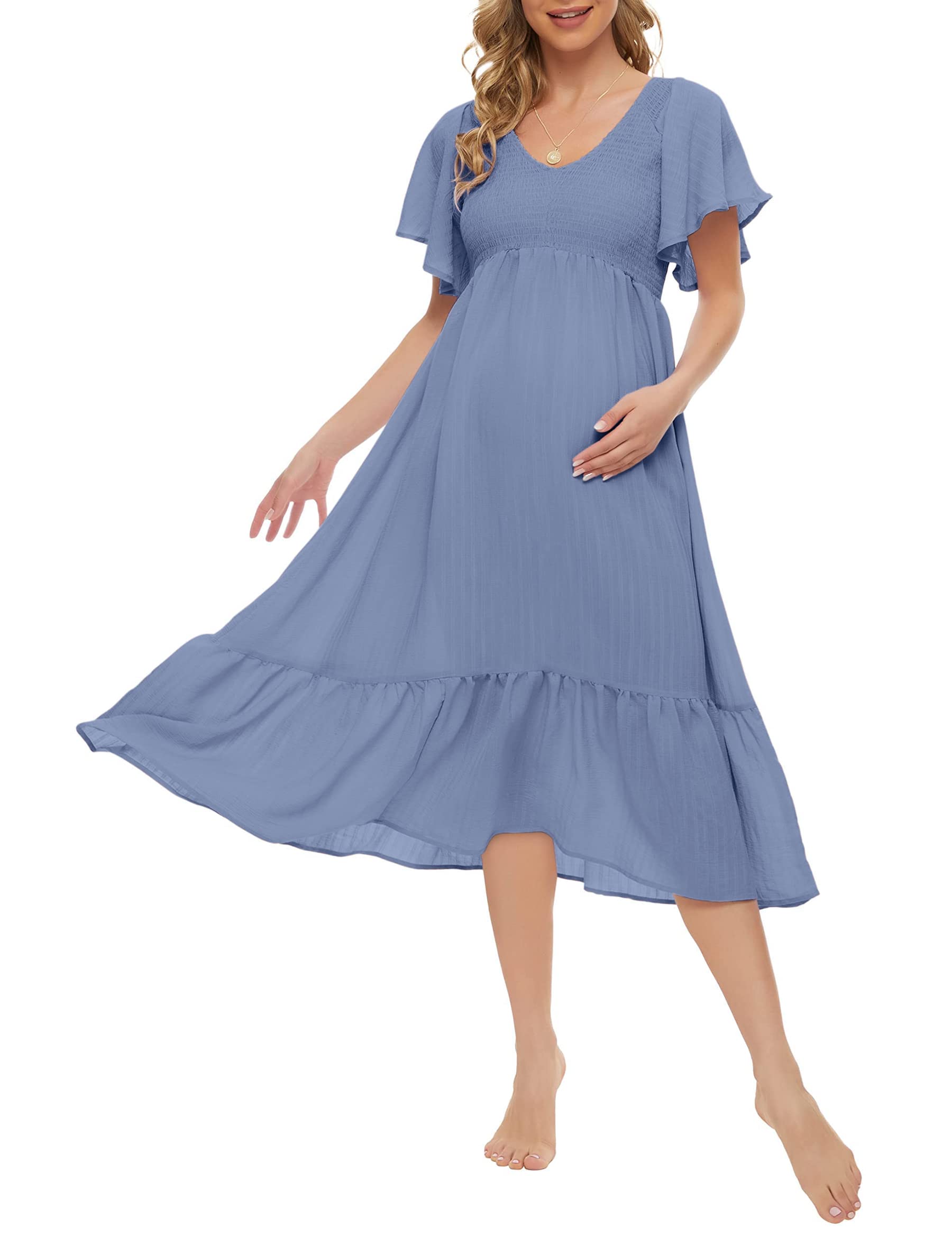 Boho Flutter Short Sleeve Maternity Dress - V-Neck Smocked Midi Dress for Baby Shower & Casual Wear (Sizes S-2XL) | Perfect for Pregnancy Photos, Bridal Showers & Summer Outfits