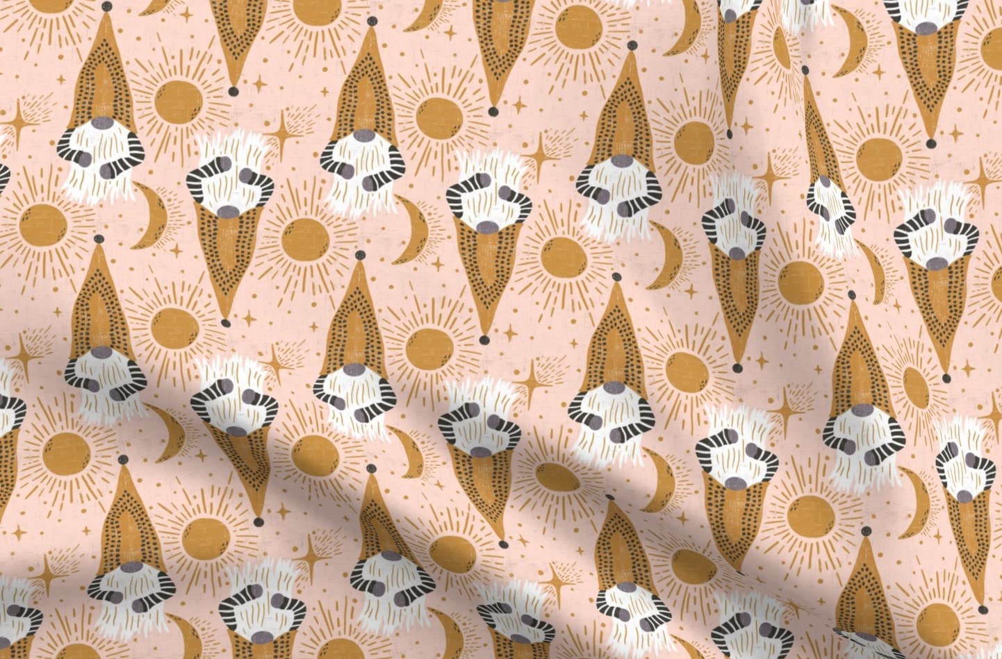 Boho Gnomes Pink White Star Kitsch Sun Printed Denim Fabric by The Yard - Spoonflower Cotton Fabric for Apparel, Home Decor & Upholstery - Perfect for DIY Crafts, Quilting, and Bohemian Style Clothing