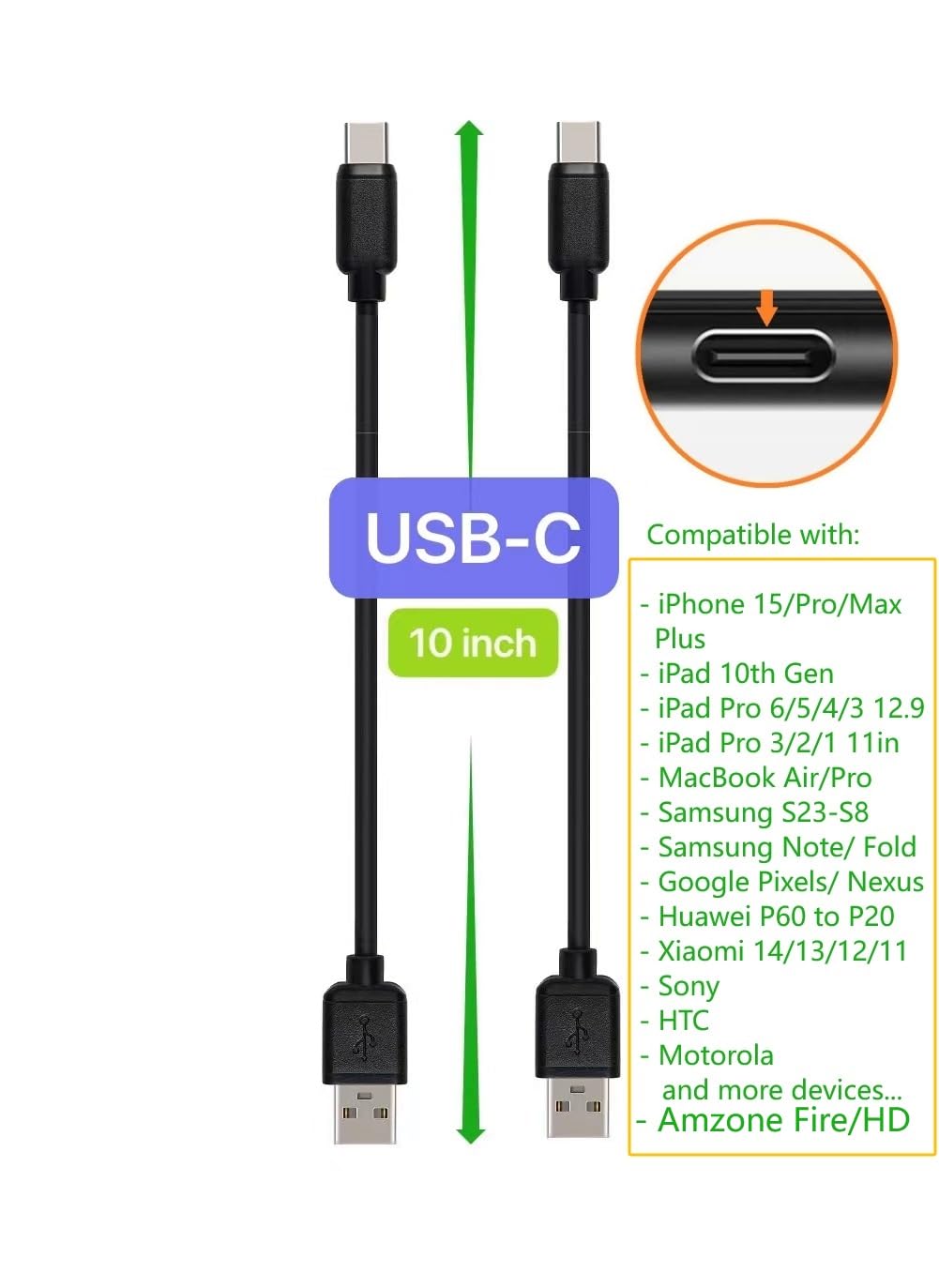 JuSoFU 10-Pack Short USB Cables - USB C, Micro USB & USB for iPhone, iPad, MacBook - Perfect for Travel & Charging Stations