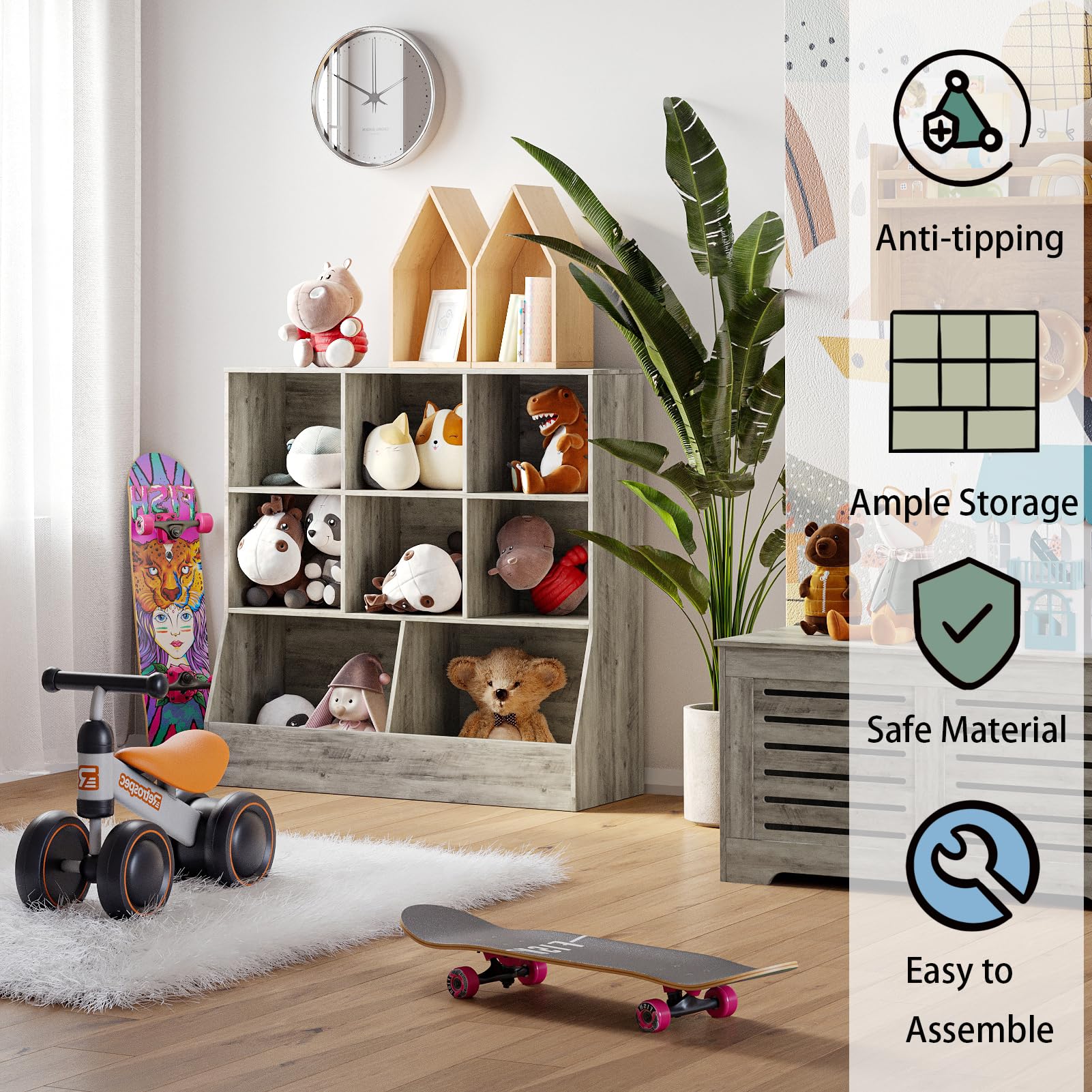 DINZI LVJ Wooden Toy Storage Organizer & Kids Bookshelf - 8-Cubby Bookcase for Toys & Books - Gray Wash 35.4