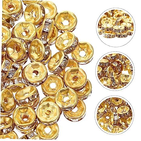 8mm 150pcs Golden Wheel Spacer Beads with Embedded Stone - Round Chakri Jewelry Beads for Bracelets, Necklaces, Friendship Bands, Rakhi & Wedding Mala Making - DIY Craft, Gift Giving & Boho Fashion Accessories