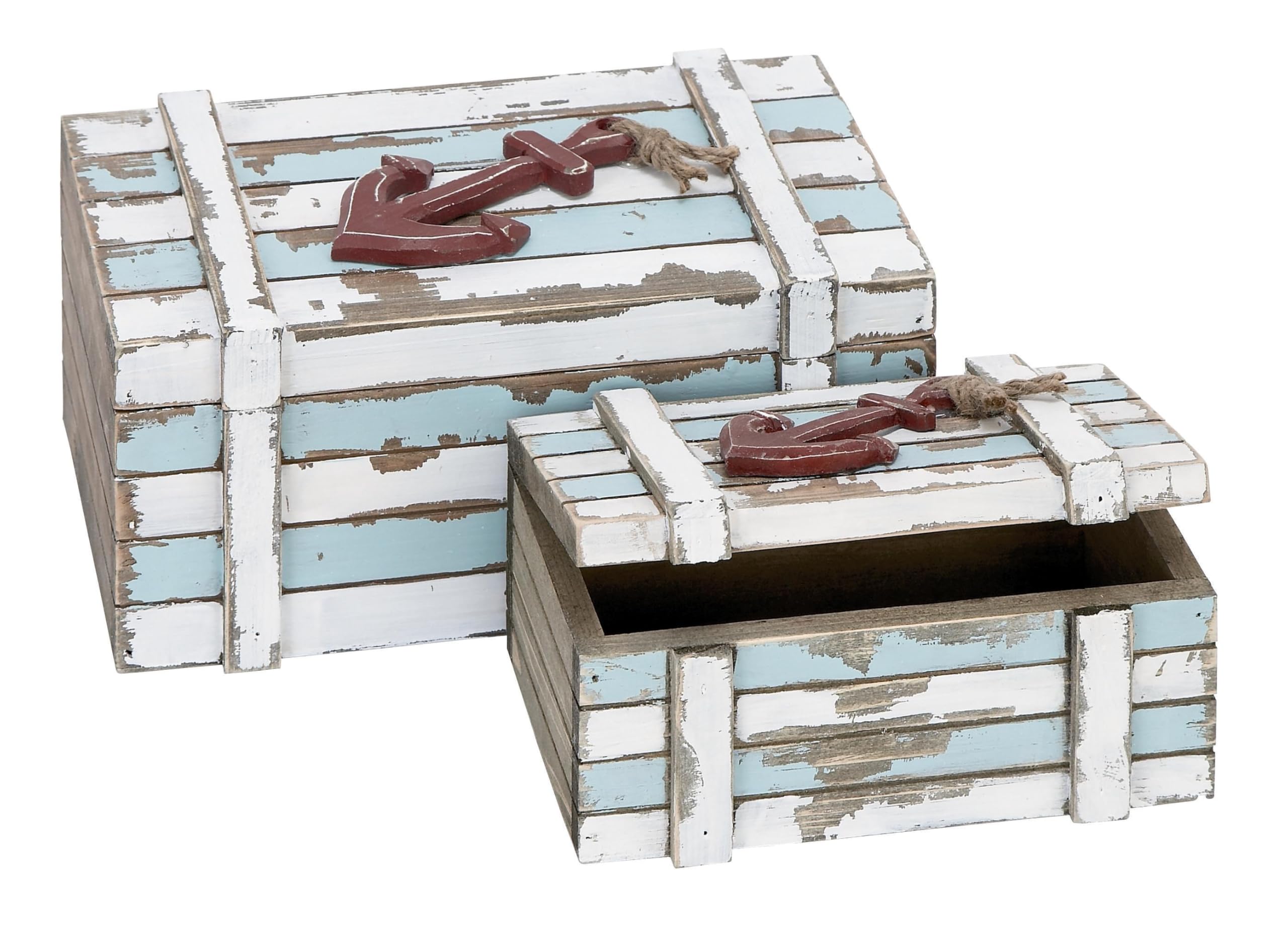Deco 79 Wooden Decorative Storage Box Set of 2 - Teal Keepsake Box with Anchor Design & Hinged Lid (10