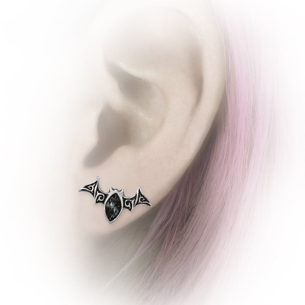 Black Diamond Bat Ear Studs - Elegant Gothic Jewelry for Women, Hypoallergenic Stainless Steel Earrings | Perfect for Halloween, Cosplay, and Night Out Accessories