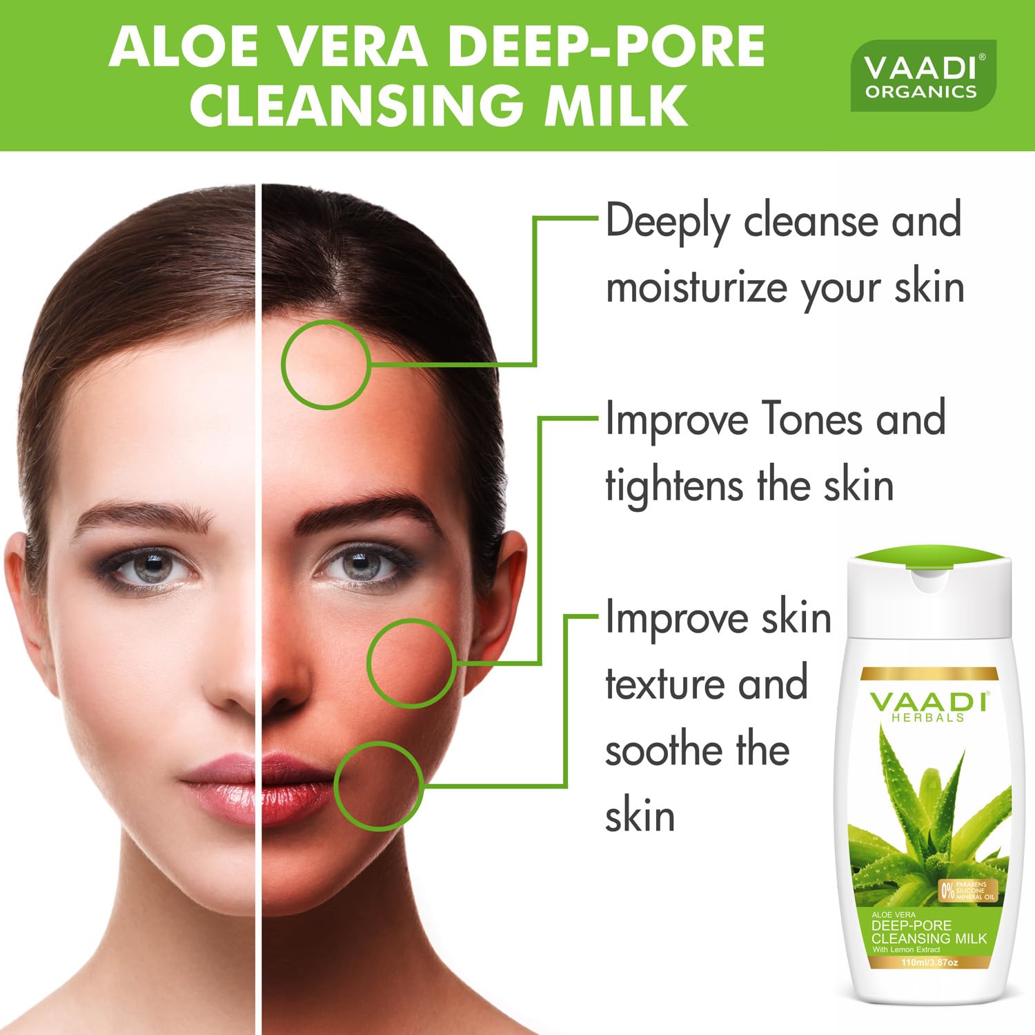Vaadi Herbals Aloe Vera Deep Pore Cleansing Milk with Lemon Extract - 3 Pack (3 x 110ml) for Acne Prone & Oily Skin - Gentle Face Wash for Daily Skincare Routine