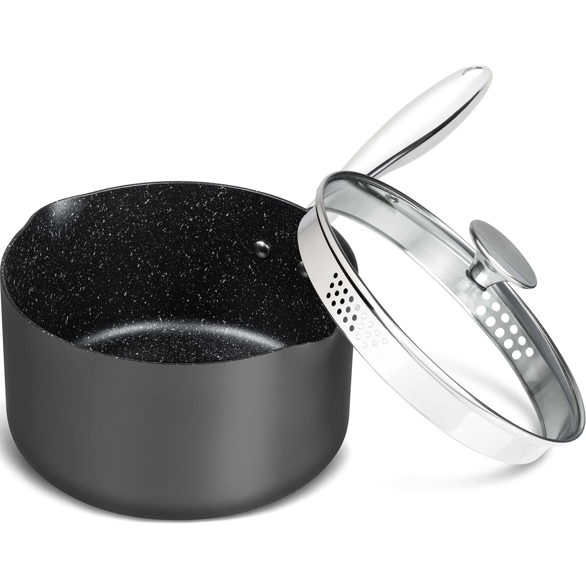 MICHELANGELO 3 Quart Nonstick Saucepan with Strainer Lid - Hard Anodized Aluminum Cooking Pot with Pour Spouts & Granite Coating - Perfect for Sauces, Soups, Pasta & Everyday Cooking (3 Qt)