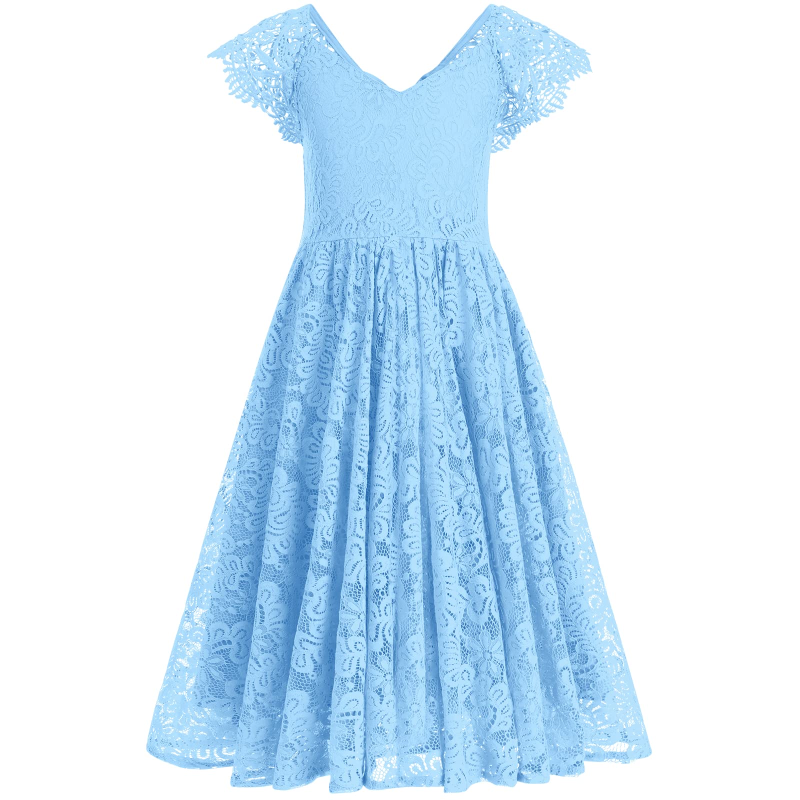 IWEMEK Lace Flower Girls Boho Dress - V Back Fly Sleeves Eyelash Lace Maxi Gown for Junior Bridesmaid, Wedding Party, Pageant, Dance, Communion, Birthday, Formal Occasions Light Blue 4-5 Years