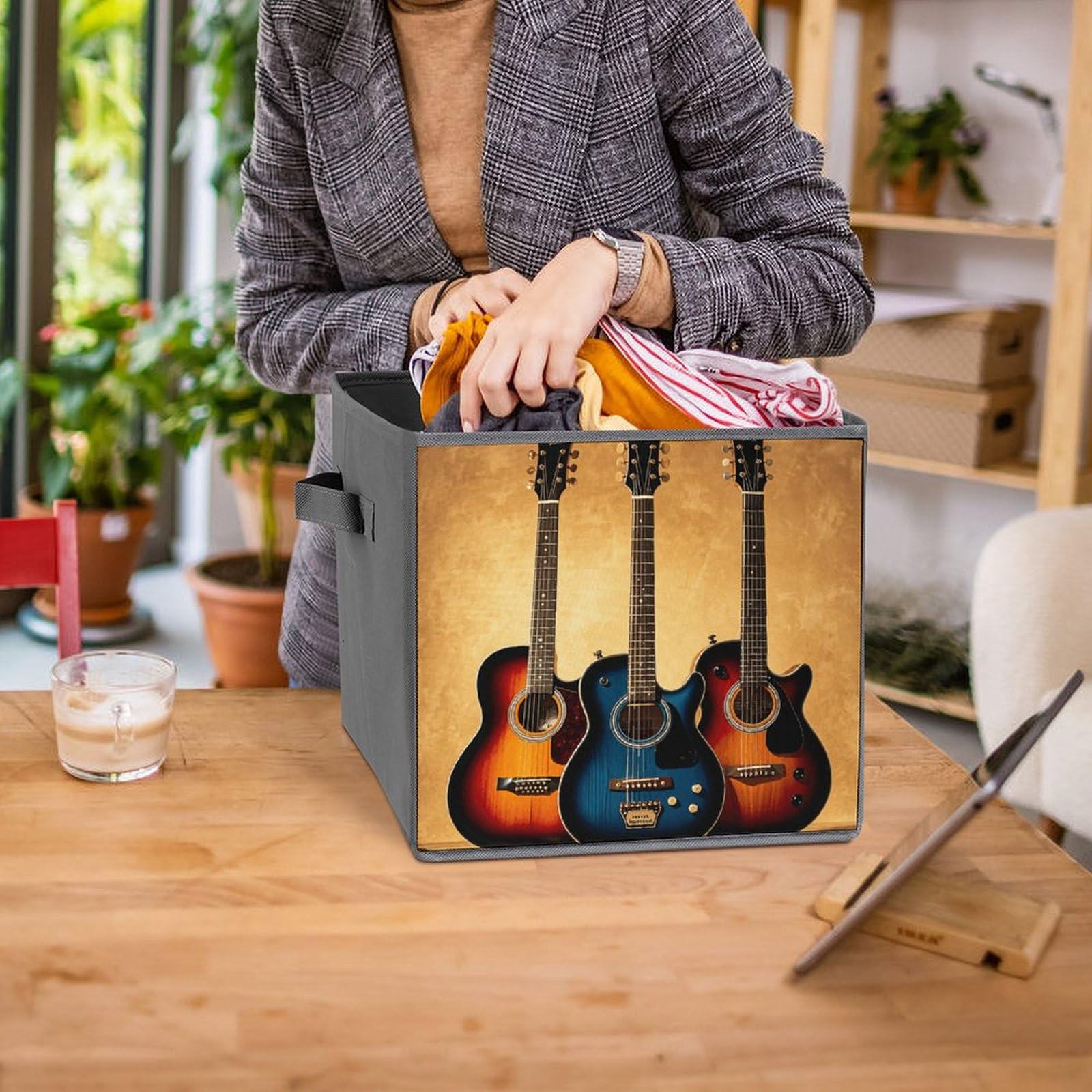 6-Piece Collapsible Storage Bins with Handles - Printed Guitar Design Multi-Purpose Organizer for Shelves, Closet, Bathroom & Home Organization - Foldable Storage Boxes for Easy Space Saving
