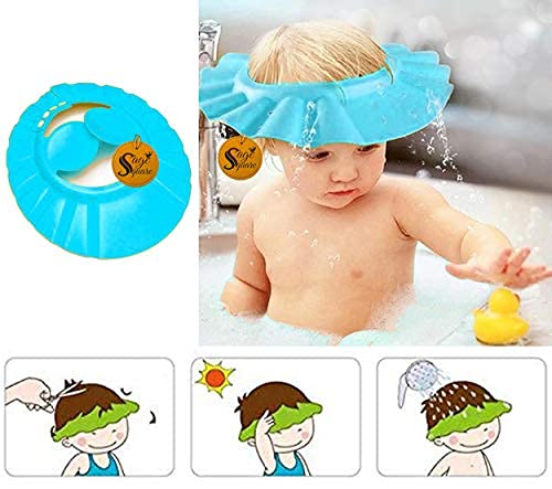 Sage Square Adjustable Baby Shower Cap with Soft Ear Protector - Waterproof Bath Hat for Infants & Toddlers (Blue, Pack of 1) - Gentle Hair Wash Solution for Sensitive Skin During Bath Time & Spa Days