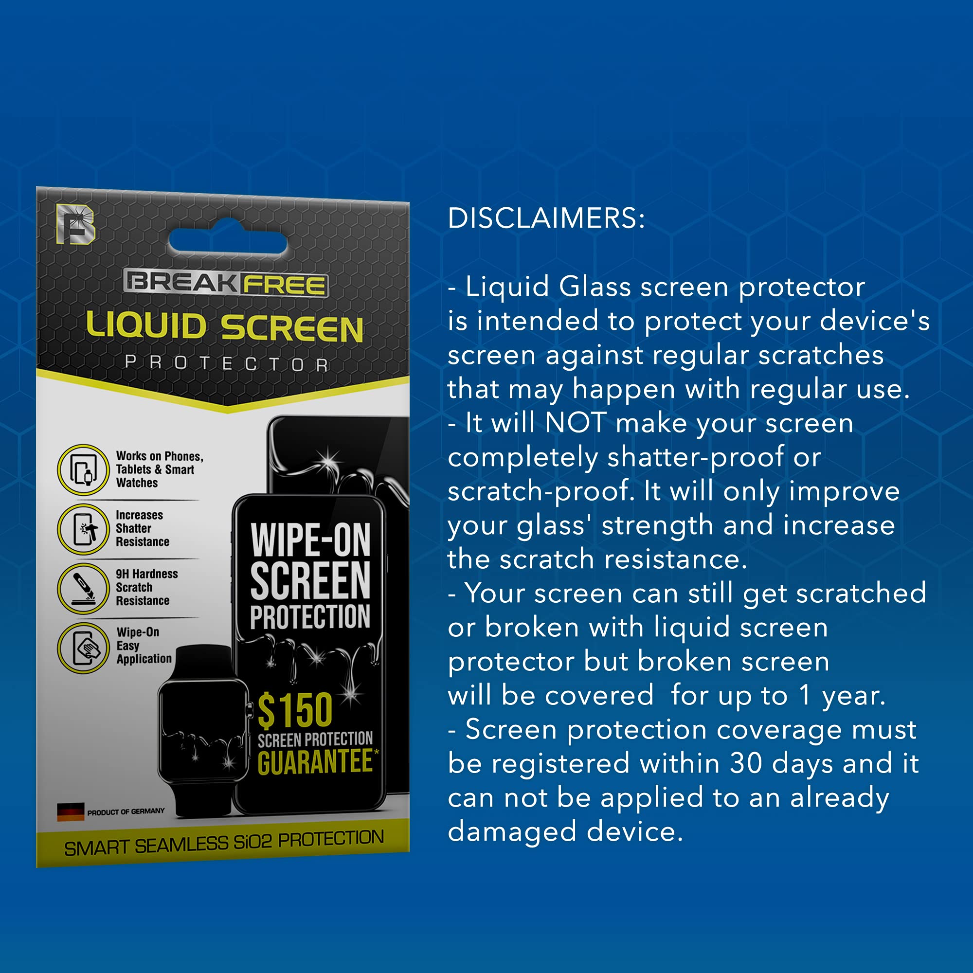 BREAK FREE Liquid Glass Screen Protector - Scratch & Shatter Resistant Nano Coating for iPhone, Samsung, iPad & Smartwatches | Universal Fit | $150 Warranty Coverage | Perfect for Daily Use, Travel & Outdoor Activities