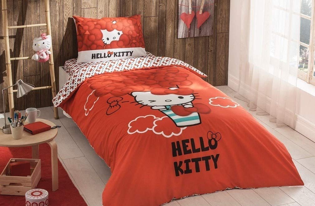 100% Cotton Hello Kitty Twin Size Bedding Set - 4 Piece Duvet Cover, Fitted Sheet & Reversible Comforter | Cute Girls' Bedroom Decor | Perfect for Kids Rooms, Sleepovers & Gift Giving