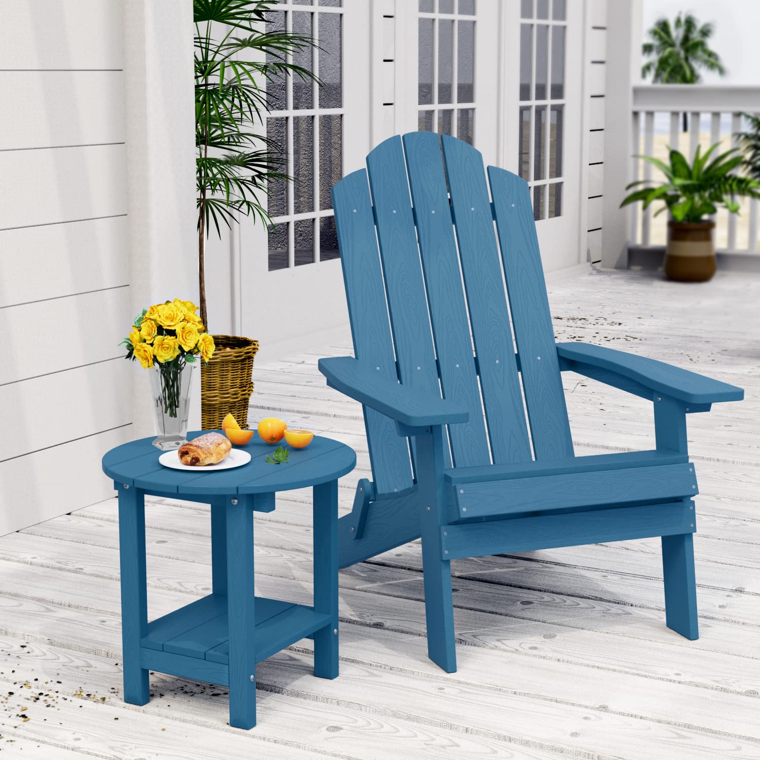 MXIMU 18-Inch Round Outdoor Side Table with Storage Shelf - 2-Tier Plastic Patio End Table for Balcony, Backyard, Lawn, Poolside & Deck - Navy Blue Adirondack Chairside Table (1 Pack)