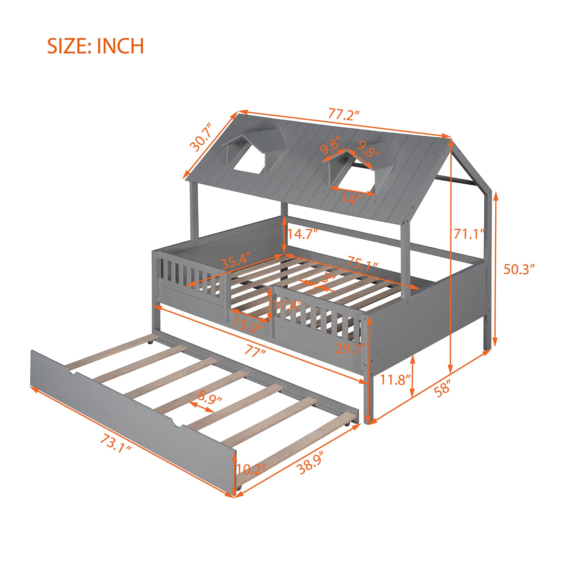 MERITLINE Full House Wooden Platform Bed Frame with Trundle and Roof - Gray Twin/Full Size Kids Bed for Boys & Girls | Perfect for Small Bedrooms, Playrooms and Sleepovers