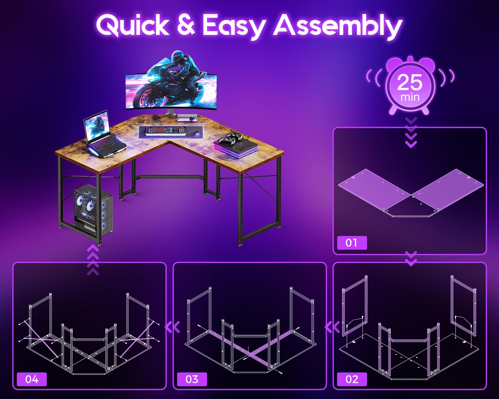 L Shaped Gaming Desk 51 inch - Sturdy Corner Computer Desk for Home Office, Small Space Workstation, Easy to Assemble Rustic Brown | Perfect for PC Gaming Setup, Streaming & Home Office Workspace