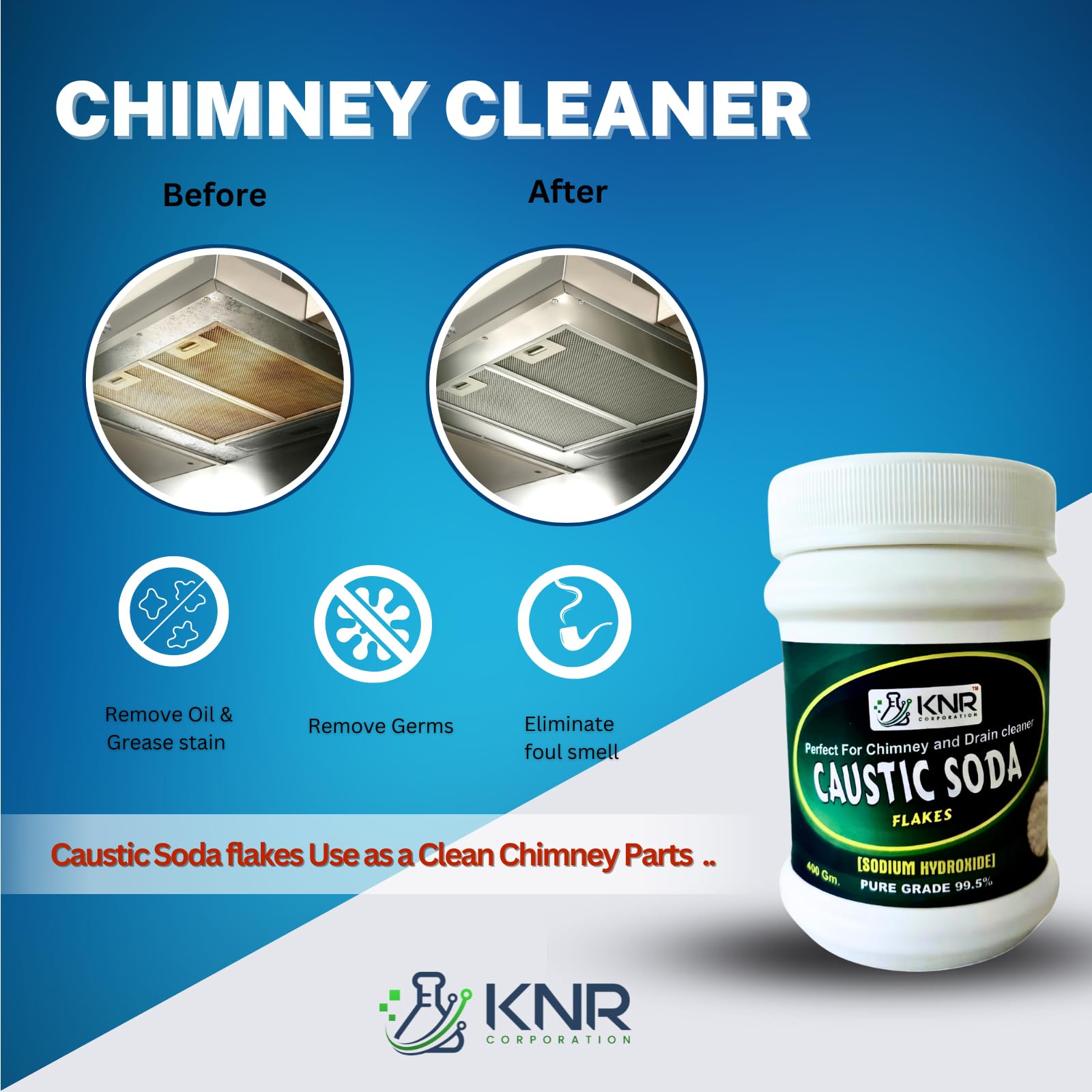 KNR CORPORATION Caustic Soda Flakes (400G) - Fast-Acting Drain Cleaner, Sink Unclogger & Chimney Cleaner | Odorless Formula for DIY Soap Making & Home Cleaning | 400 Gram Jar for Kitchen, Bathroom & Industrial Use