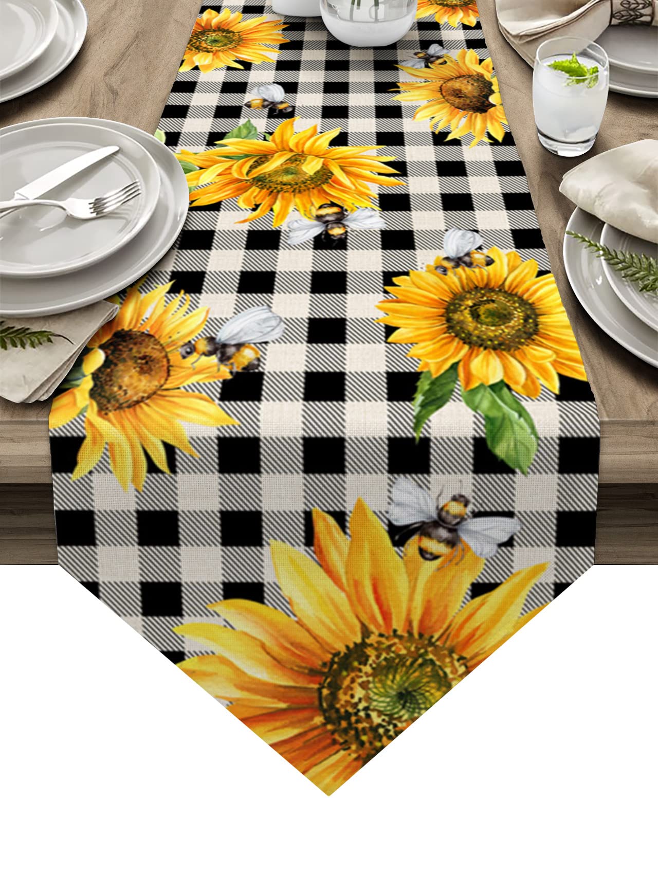 90 Inch Cotton Linen Table Runner - Sunflower Floral Plaid Washable & Non-Slip Kitchen Dining Decor | Farmhouse Coffee Table Dresser Scarf for Summer Table Setting & Home Party Decoration