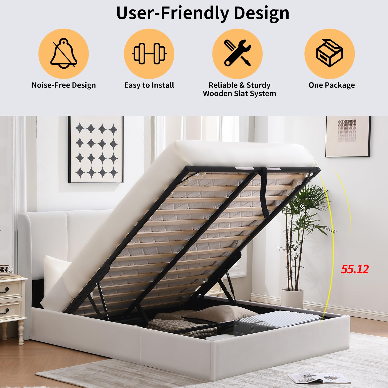 VELOCAVA Queen Size Upholstered Platform Storage Bed with Wingback Headboard - Hydraulic Lift Up Design, No Box Spring Needed, Large Under Bed Storage Space - Perfect for Small Bedrooms & Guest Rooms (White)