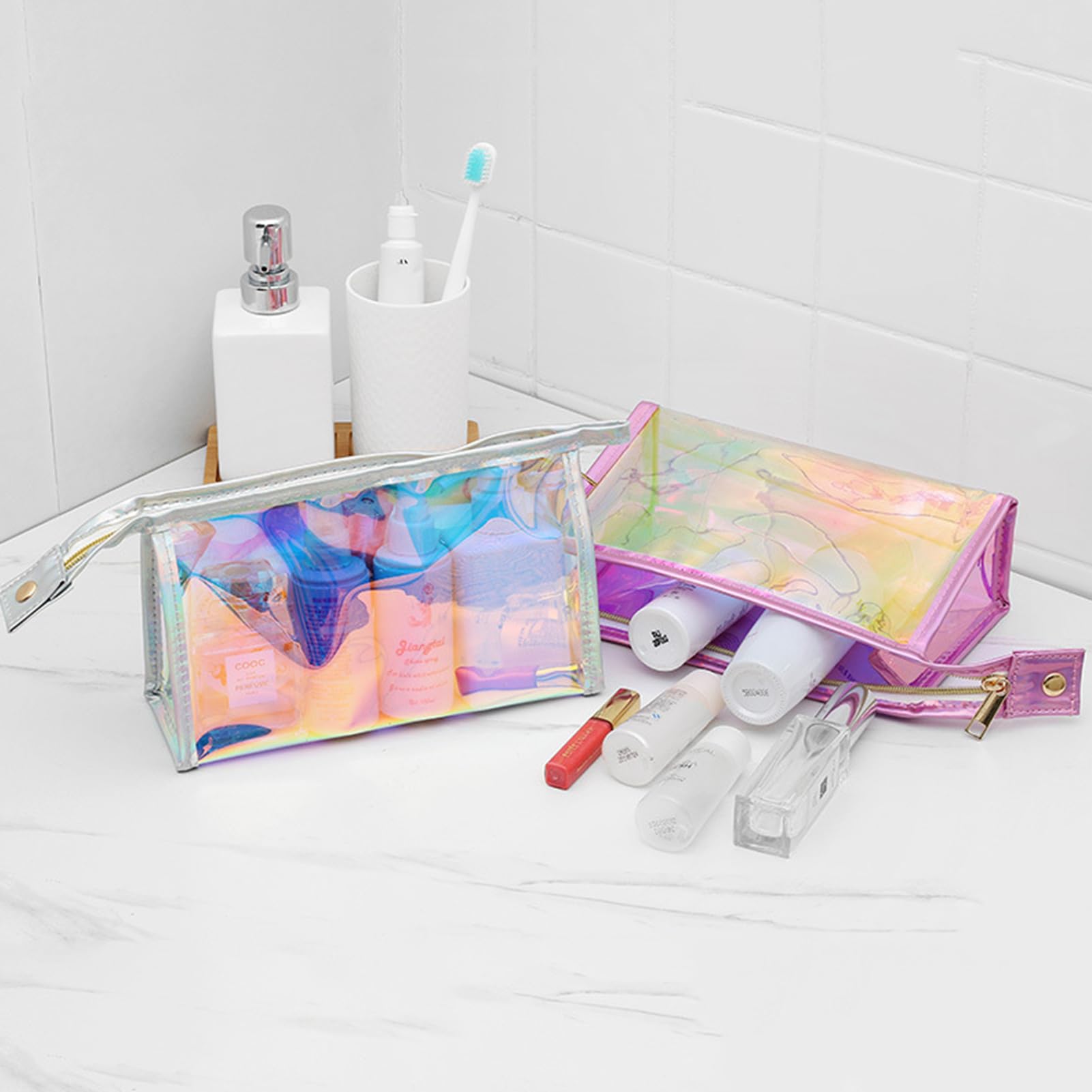 AJOJO 3-Piece Holographic Makeup Bags Set - Waterproof Iridescent Cosmetic Organizer with Zipper, Clear Travel Toiletry Bag for Brushes & Accessories - Perfect for Women's Gifts, Travel, Gym & Daily Makeup Storage