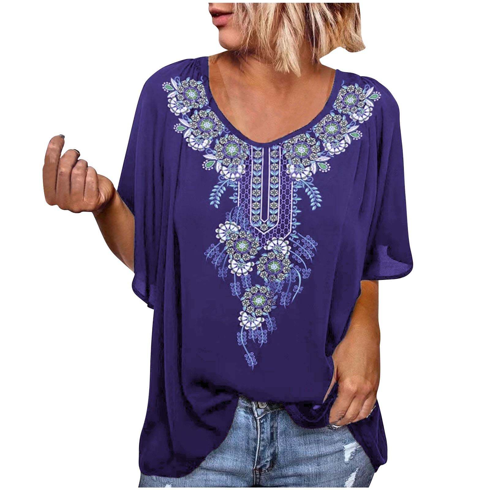 Women's Boho Mexican Floral Printed Half Sleeve Vintage Summer Blouse - Loose Fit Round Neck Casual T-Shirt for Beach, Festival & Everyday Wear