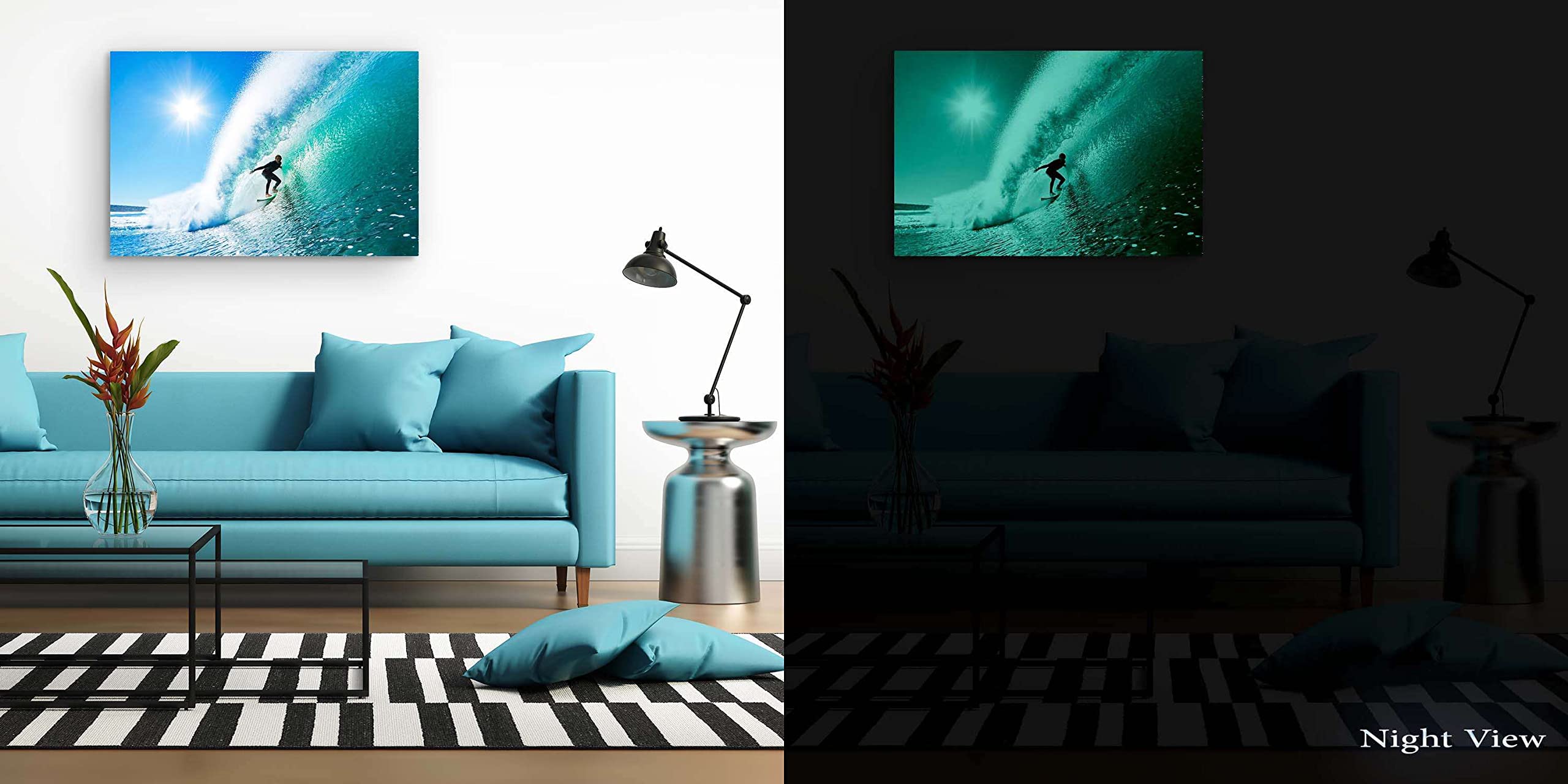 Startonight Glow in The Dark Surfing Wall Art - 24x36 Inch Luminous Canvas Print of Surfer Riding Perfect Wave, Modern Beach Decor for Bedroom, Living Room & Office - Perfect for Coastal Theme Homes & Surf Enthusiasts