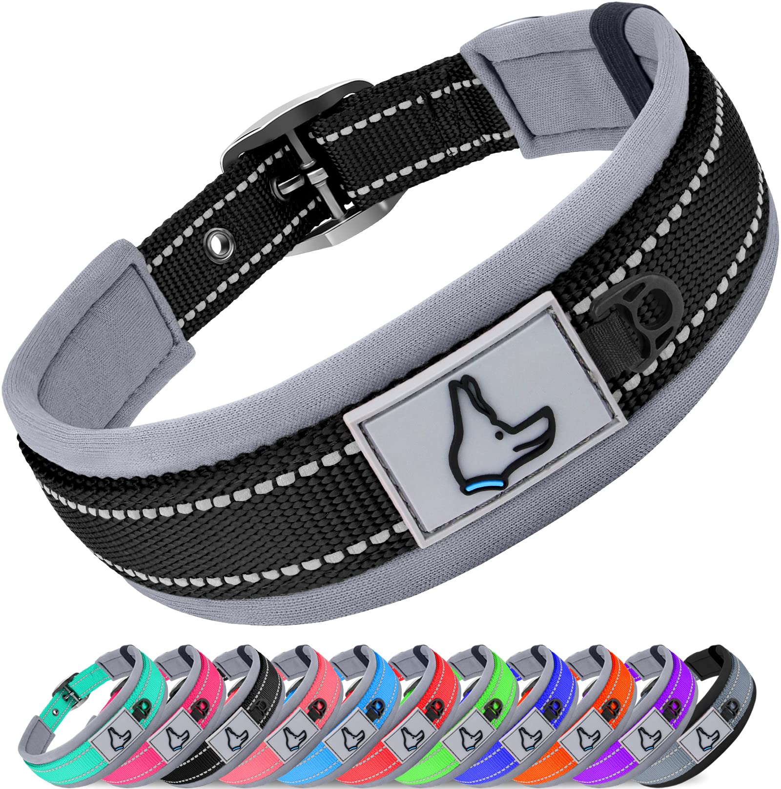 Joytale Adjustable Neoprene Padded Dog Collar for Medium Dogs - Reflective Heavy Duty Pet Collar with Durable Metal Buckle - Perfect for Walking, Training & Outdoor Adventures (Black, Medium)