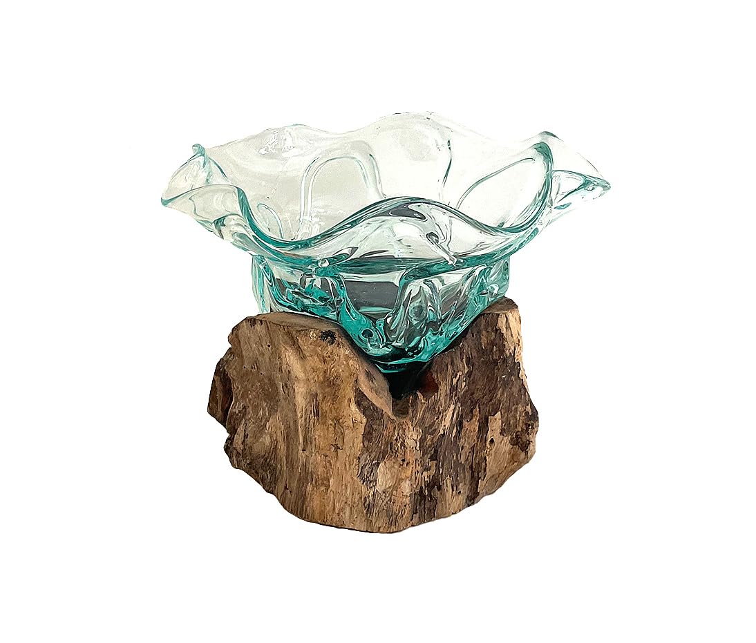 Handmade OMA Blown Glass Vase with Teak Wood Base - Artisan Glass Planter Terrarium for Tabletop Decor, Wedding Centerpiece & Unique Gift Ideas for Home, Office, or Special Occasions