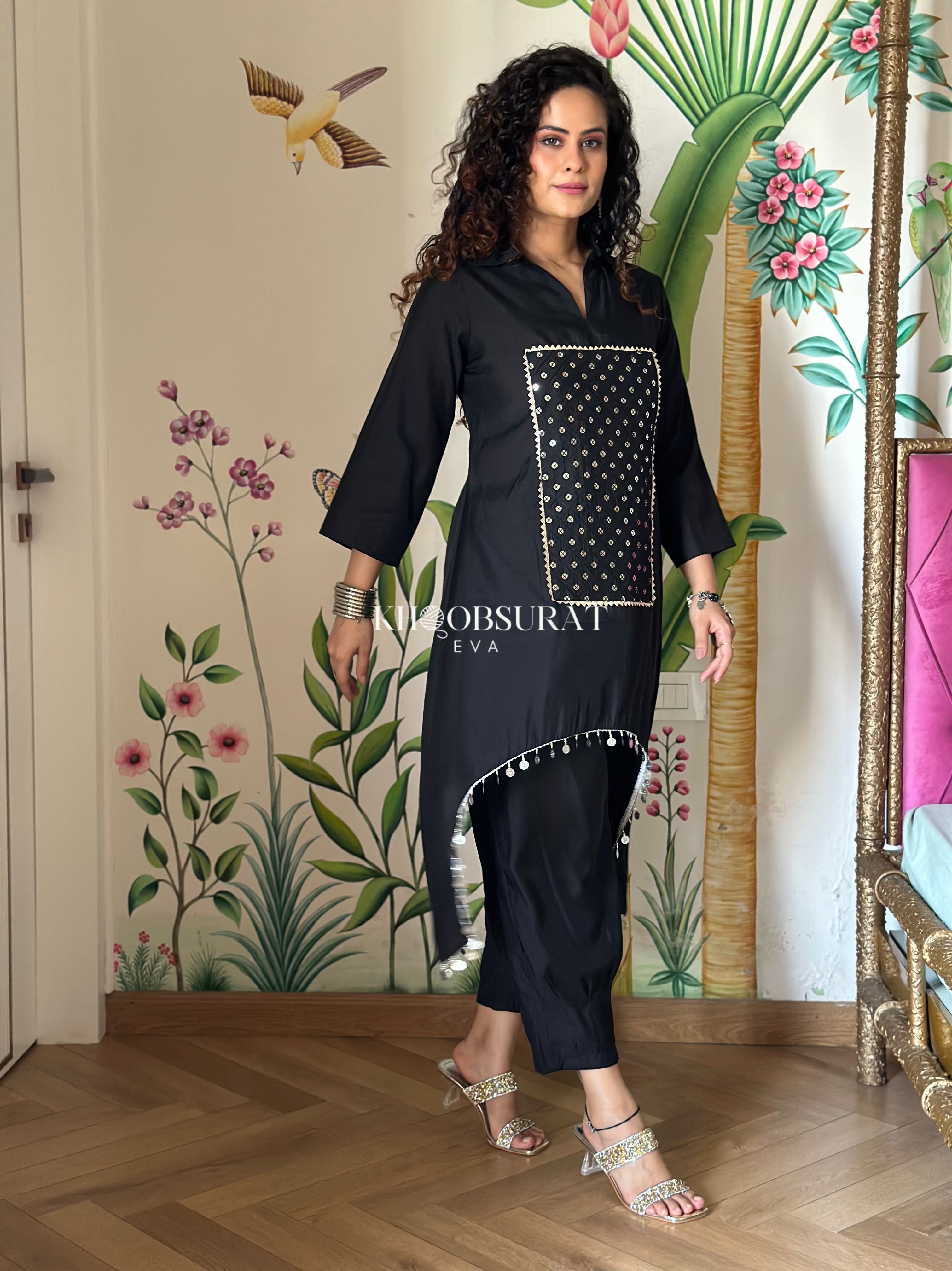 Glowy Fox Black Sequin Kurta Set for Women - Stylish Indian Ethnic Wear for Parties, Weddings & Festive Occasions