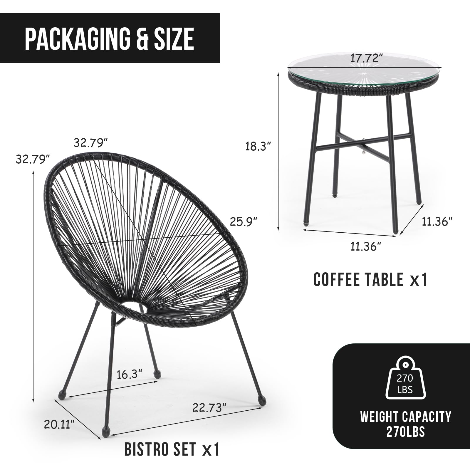 SoarFlash 3-Piece Outdoor Wicker Bistro Set with Coffee Table - Patio Conversation Set in Black Rattan for Lawn, Garden, Backyard - Perfect for Relaxing, Entertaining, and Outdoor Dining