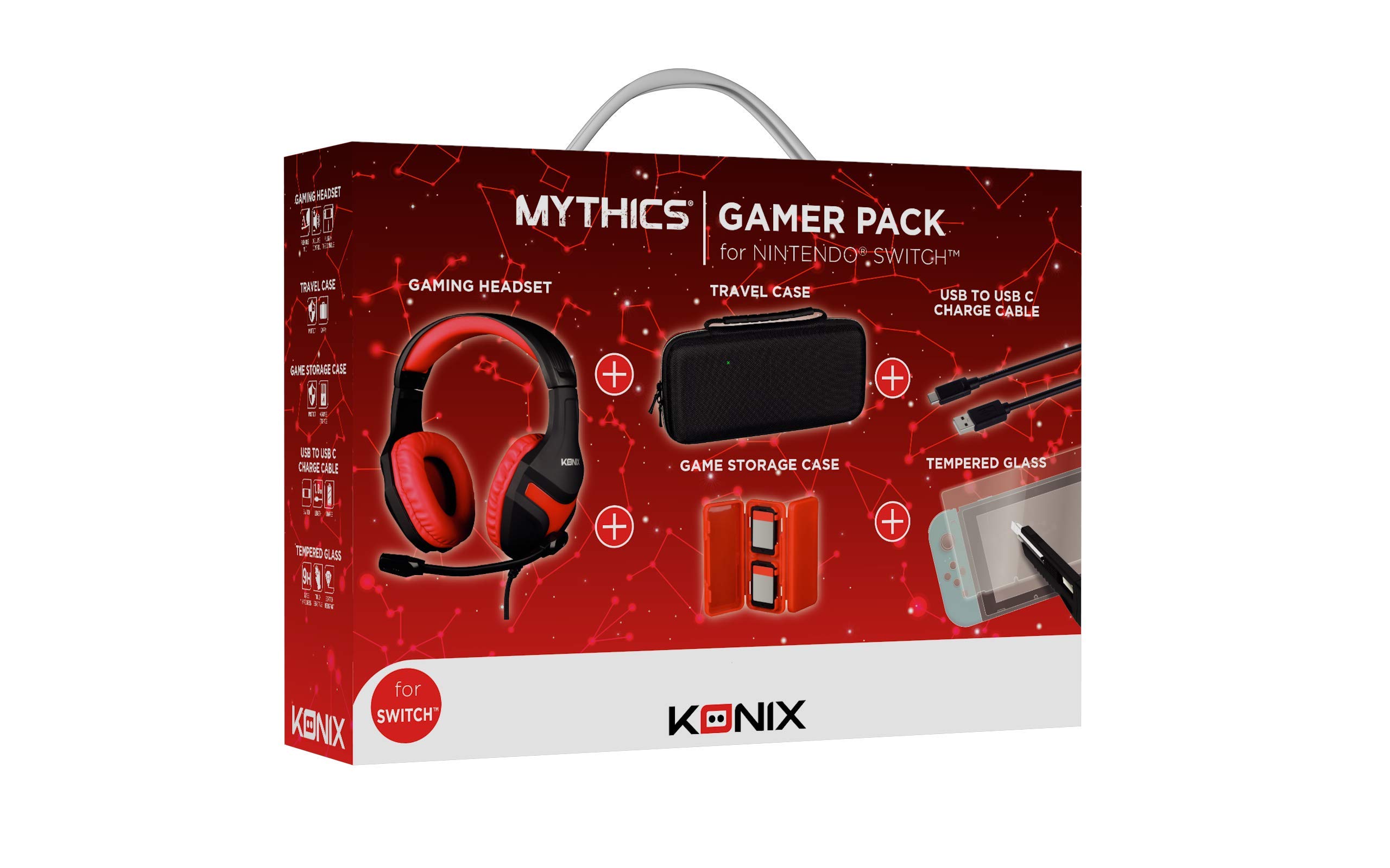 Konix Mythics Gaming Accessories Bundle for Nintendo Switch, Switch Lite & OLED - Headset, Case, Game Holder, Cable & Tempered Glass Screen Protector - Perfect for Travel & Home Gaming Setup