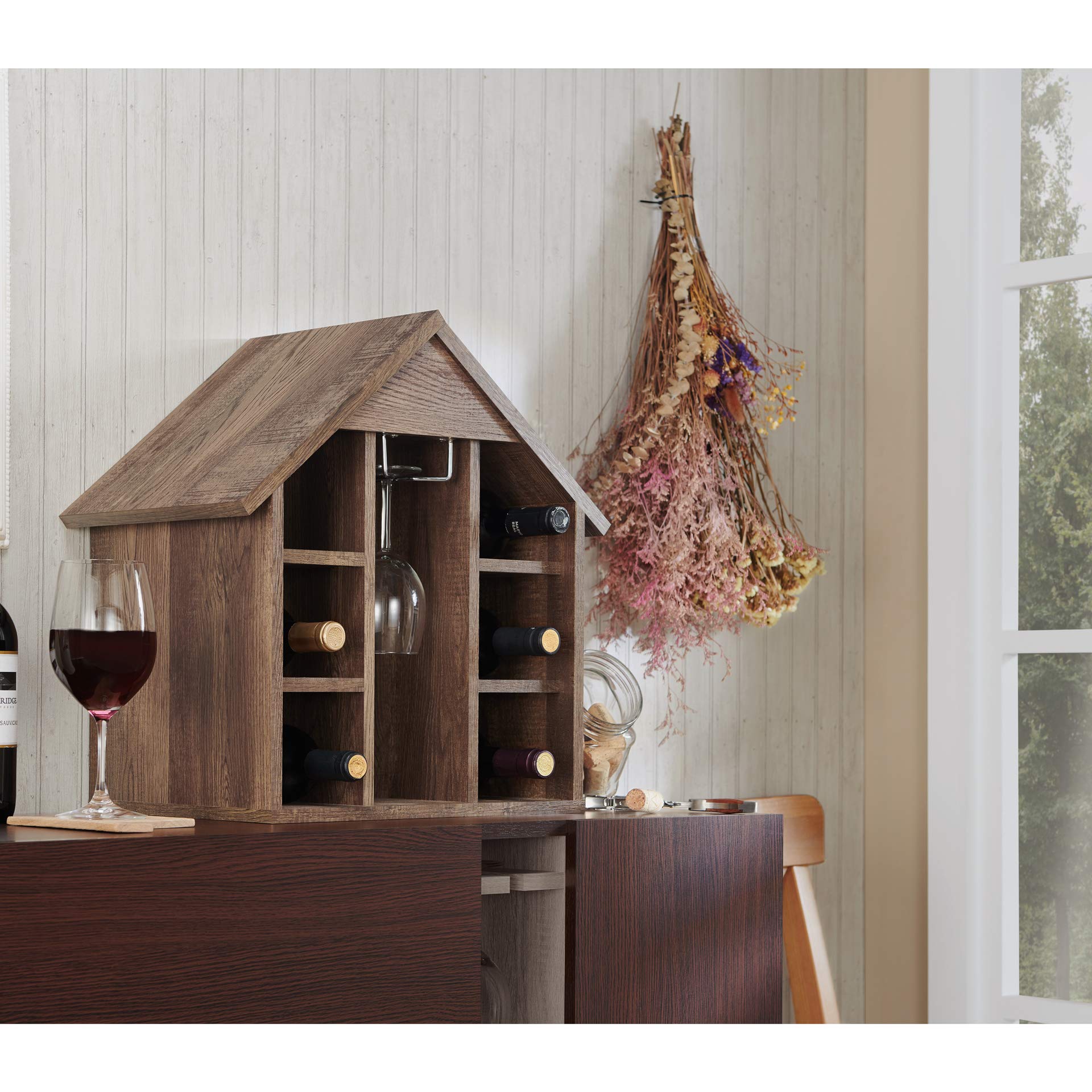 Rustic Reclaimed Oak Wood Wine Rack with Wine Bottles - Handcrafted Home Bar Decor for Kitchen, Dining Room & Wine Cellar Storage