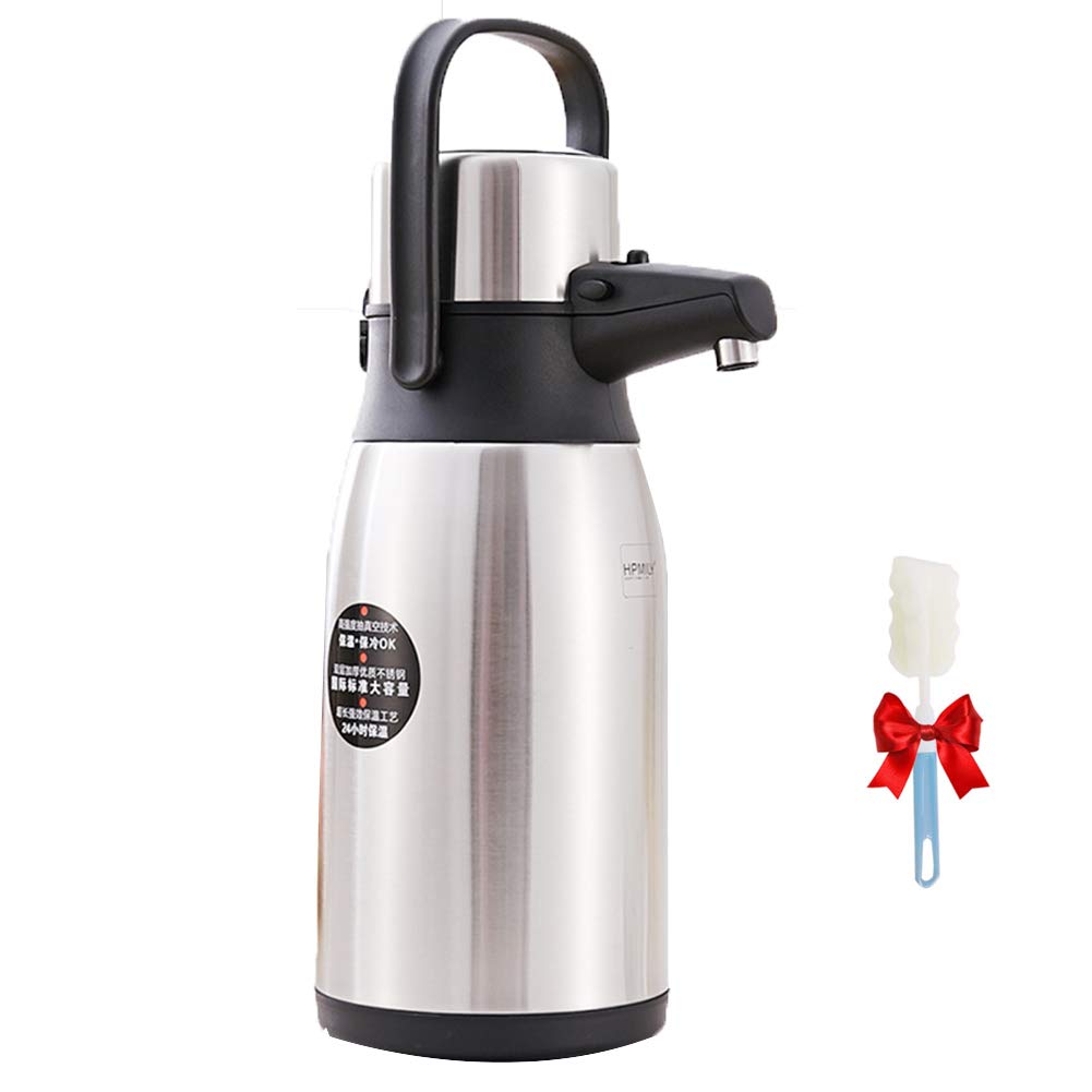 Stainless Steel Pump Jug - 4L 24-Hour Hot & Cold Dispenser Thermos with Push Button Pump - Ideal for Coffee, Tea, and Beverages - Includes Cleaning Brush - Perfect for Office, Home, and Outdoor Use