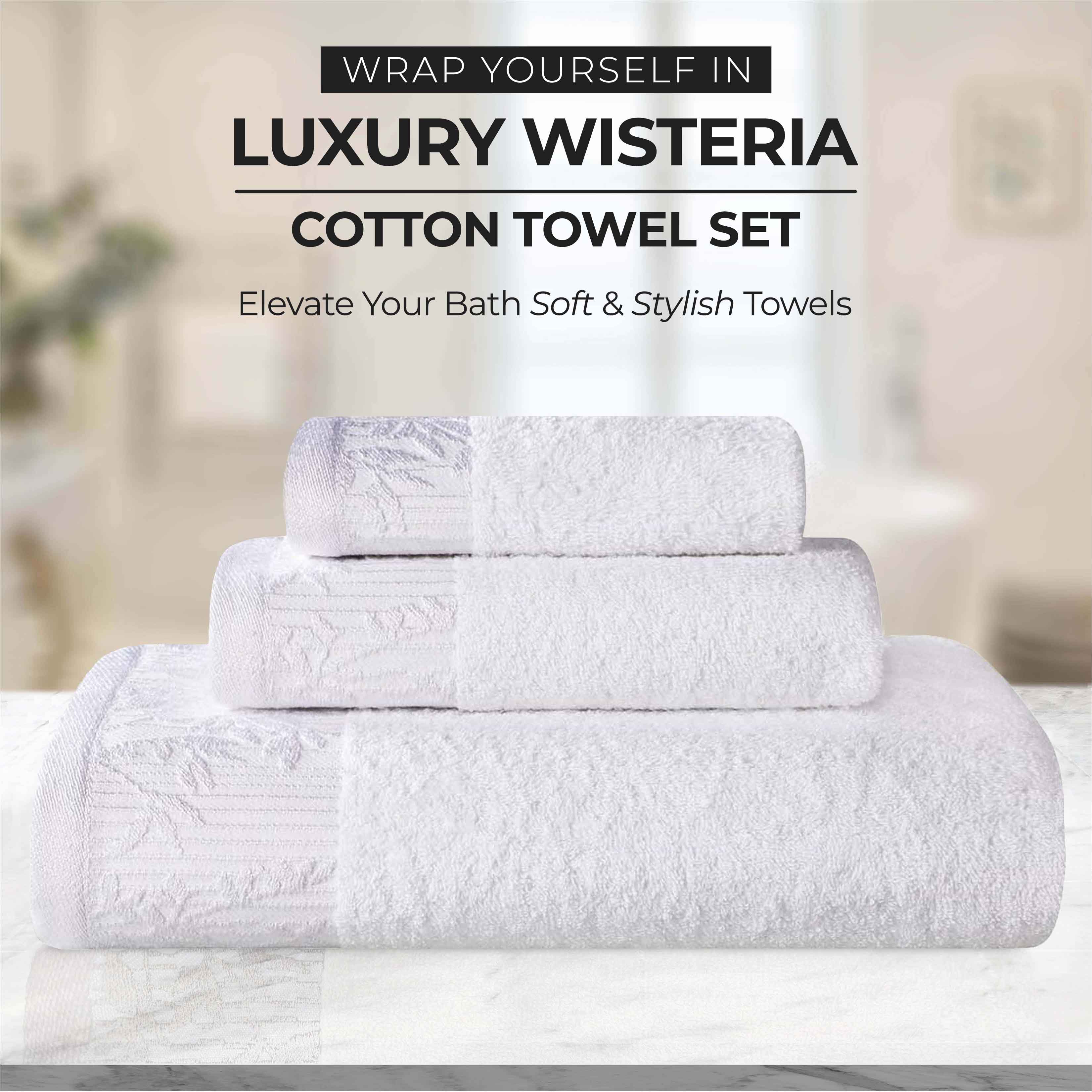 Premium Wisteria Cotton Floral Embroidered Jacquard Border Bath Towel Set of 2 - Soft Absorbent Luxury Towels for Spa, Bathroom & Guest Use