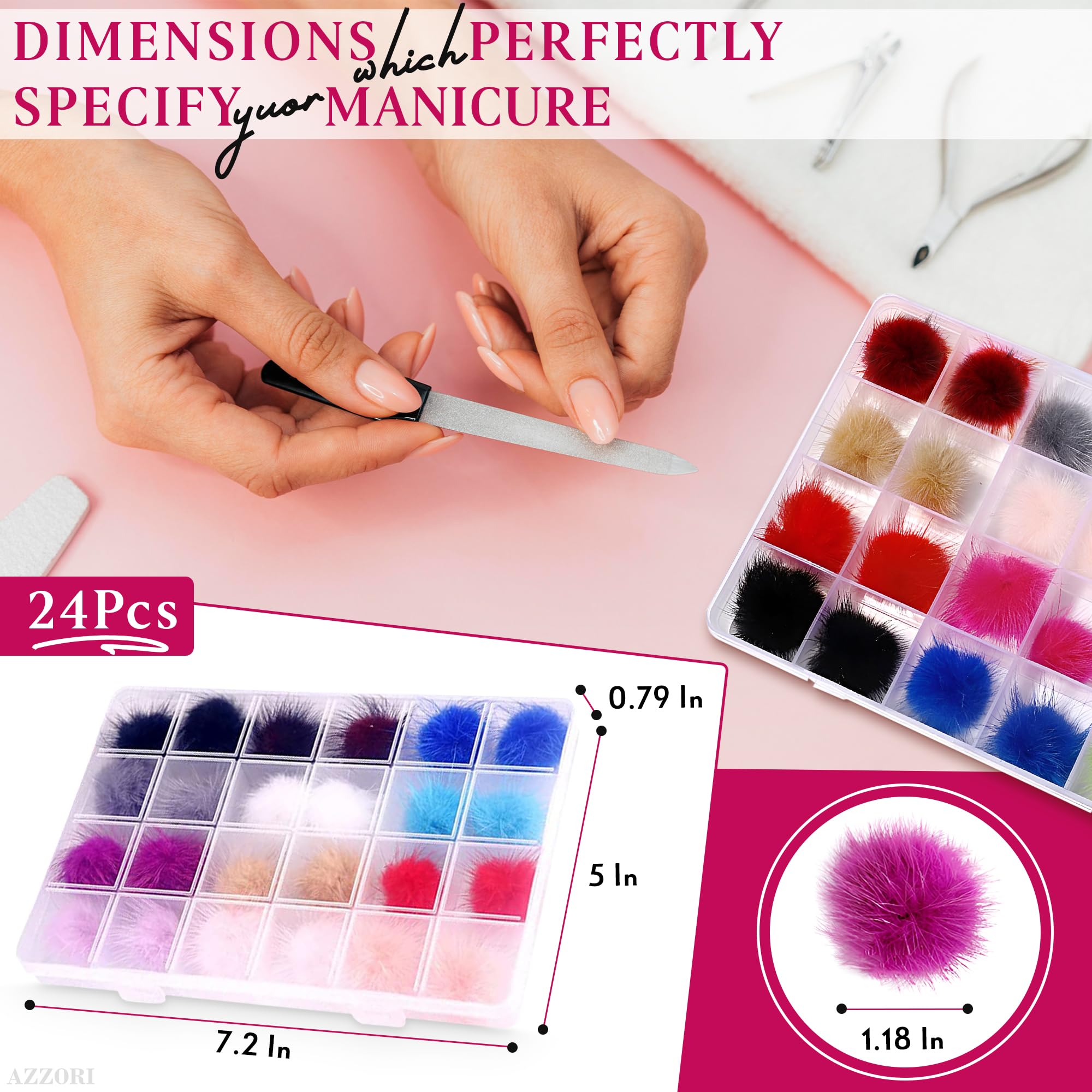 24-Piece 3D Fluffy Pom Pom Nail Art Kit - Detachable Magnetic Kawaii Nail Charms for DIY Nail Designs | Cute Nail Accessories for Parties, Weddings & Special Occasions