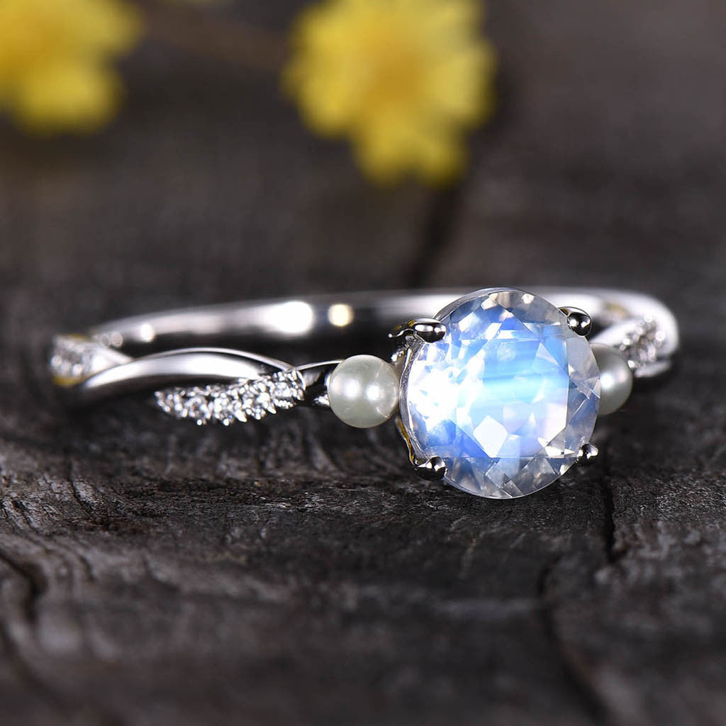 Infinity Round Cut Moonstone Engagement Ring with Akoya Pearl - 14K White Gold Three Stone Wedding Band for Bridal, Anniversary & Special Occasions