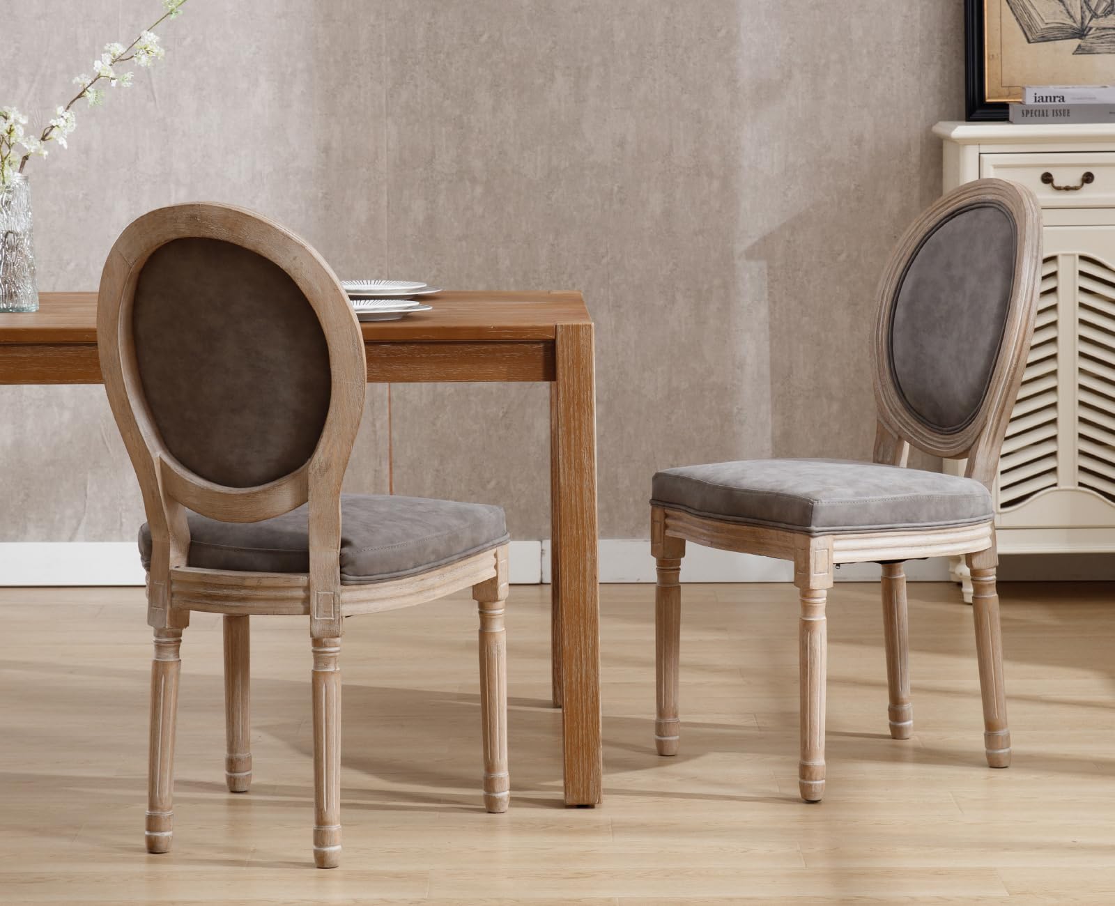 Farmhouse Leather Dining Chairs Set of 4 - French Country Round Back Side Chairs for Kitchen, Restaurant, Dining Room & Living Room - Grey Upholstered Seating (Perfect for Rustic Home Decor & Entertaining Guests)