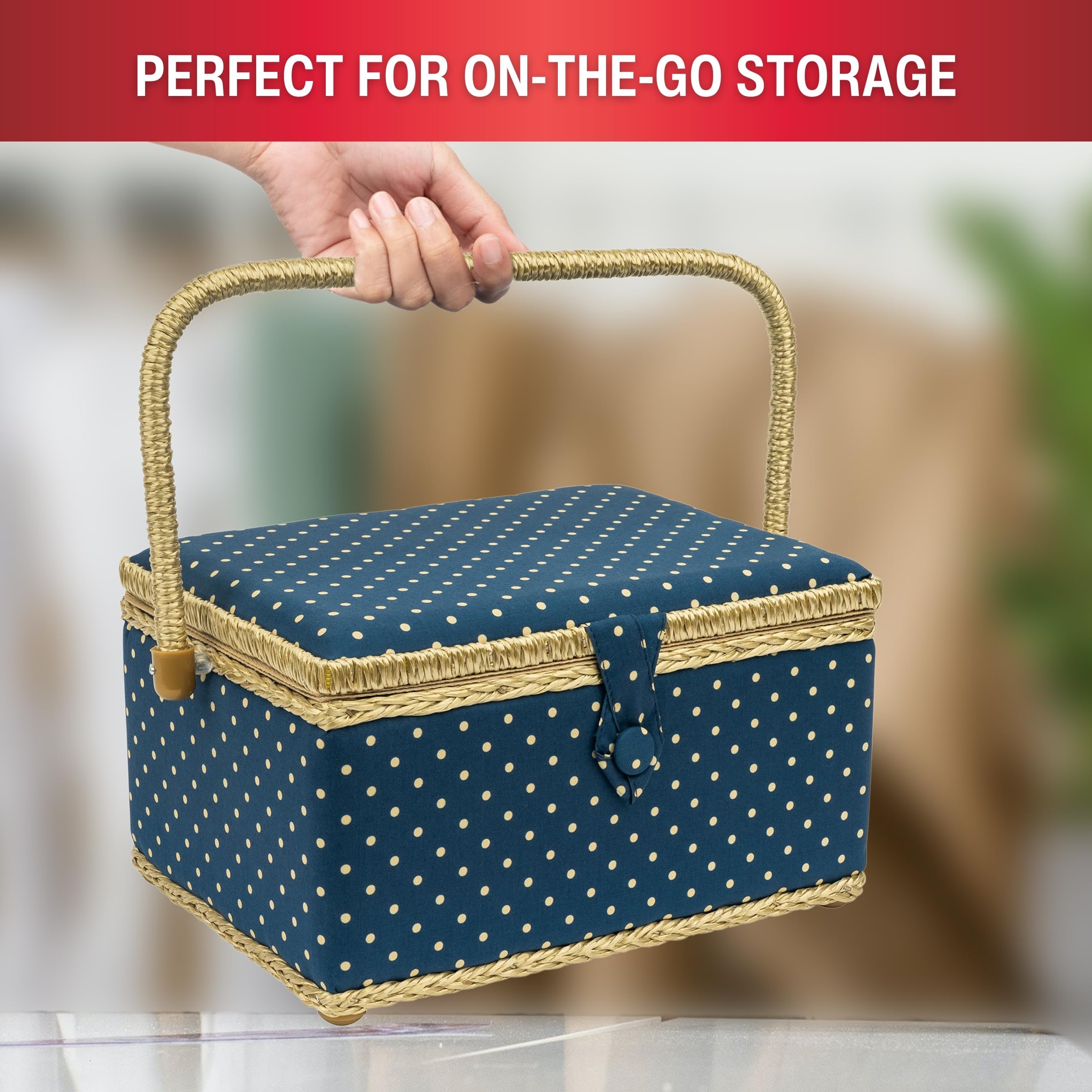SINGER Large Sewing Basket with Matching Zipper Pouch - Portable Sewing Kit for Quilting, Crafts & Travel Organization - Polka Dot Print Storage Solution for Needles, Thread & Notions