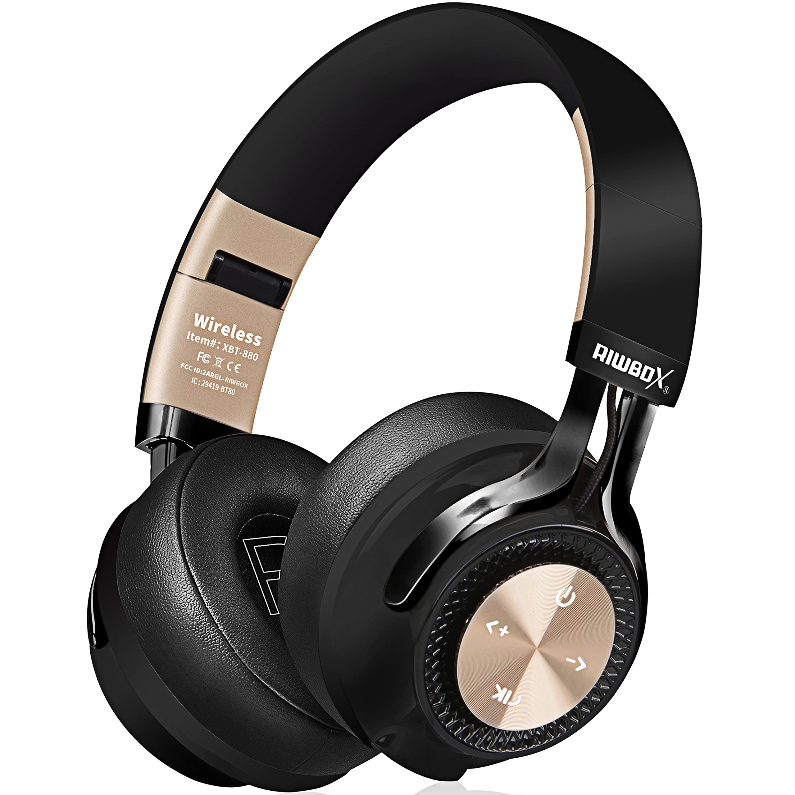 Riwbox XBT-880 Wireless Bluetooth Over-Ear Headphones with Microphone, Volume Control & Foldable Design - Compatible with iPhone, iPad, PC, Smartphones & TV (Black) - Perfect for Workouts, Commuting, Gaming & Home Entertainment