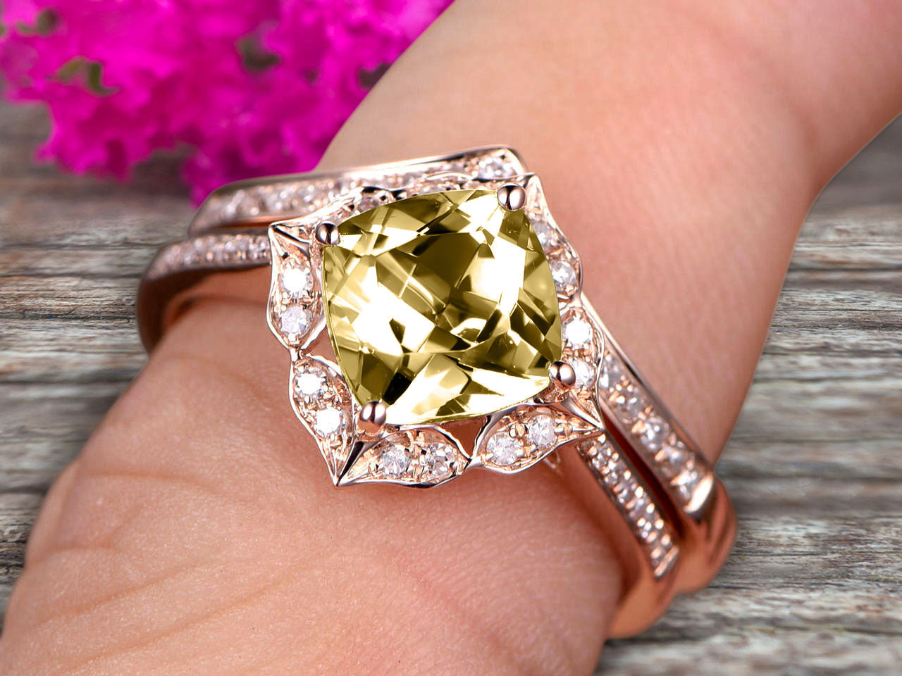 1.75 Carat Champagne Diamond Moissanite Engagement Ring - 10k Rose Gold Halo Cushion Cut with V-Shape Matching Wedding Band - Perfect for Proposals, Anniversaries & Special Occasions