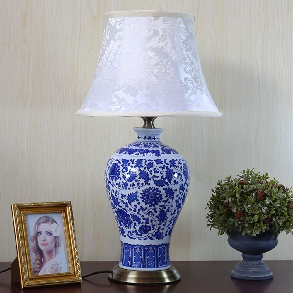 66 x 30 cm Blue and White Porcelain Table Lamp - 5 Styles Available, Chinese Ceramic Desk Lamp with Glazed Finish, Art Deco Antique Design for Bedroom, Living Room, or Office Decor