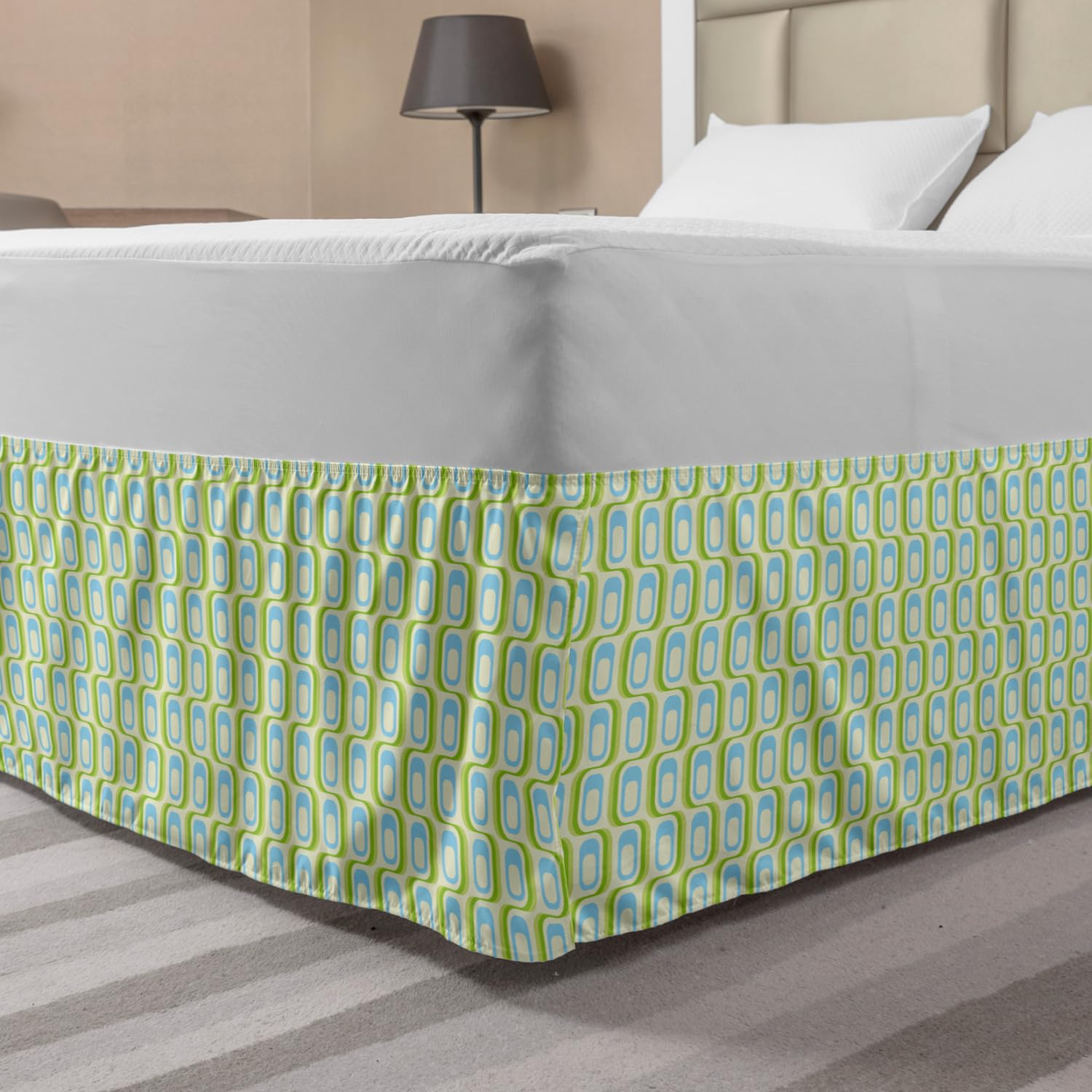 Vintage Bedskirt with Classic Retro Geometric Abstract Design - Elastic Wrap Around Bed Skirt with Gathered Detail for Queen Size Bed - Apple Green & Sky Blue - Perfect for Bedroom Decor and Vintage Home Styling