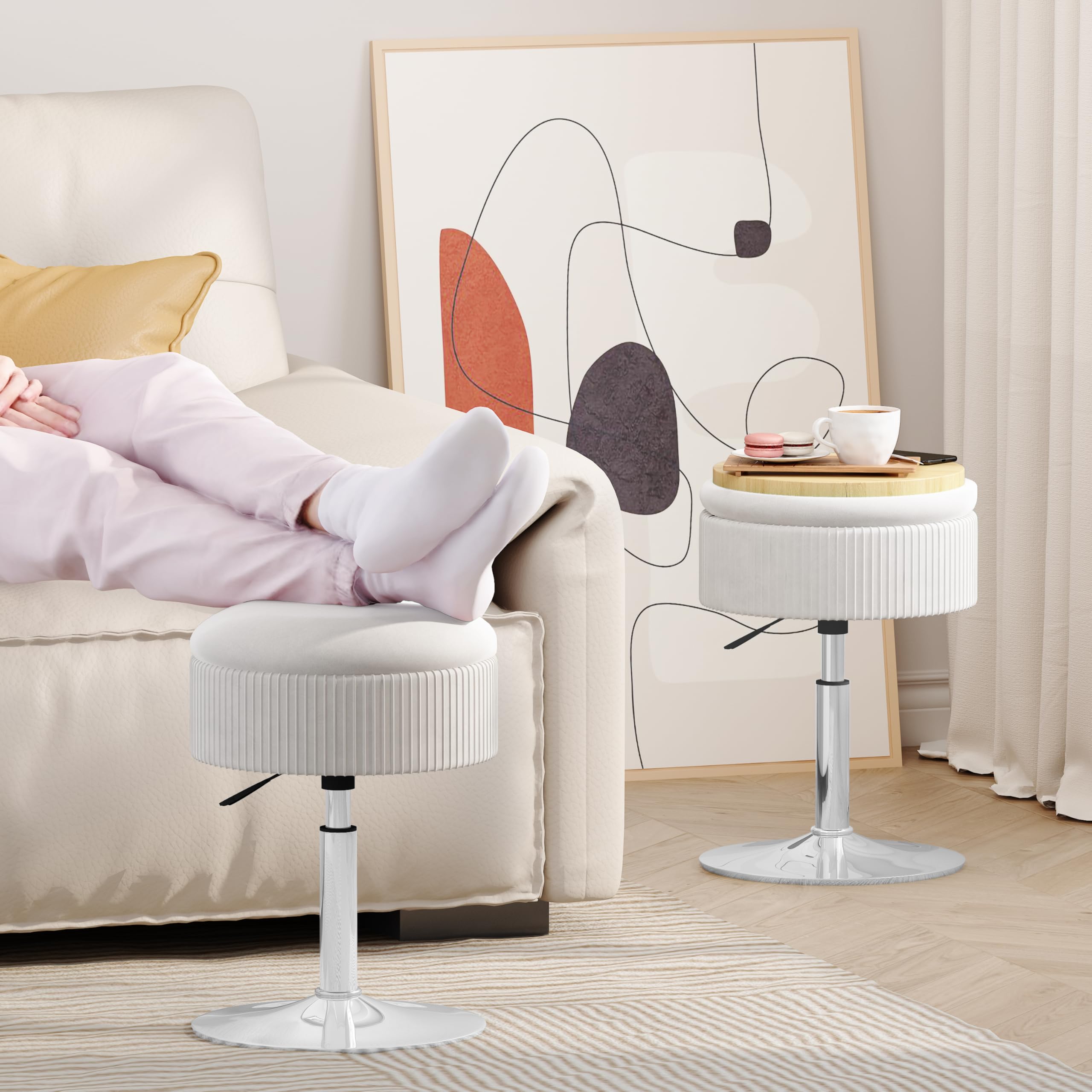 ACEQLYT® White Vanity Stool with Storage - Adjustable Swivel Makeup Chair with Faux Fur Seat for Bedroom & Dressing Room | Perfect for Vanity Table, Makeup Room, and Home Decor