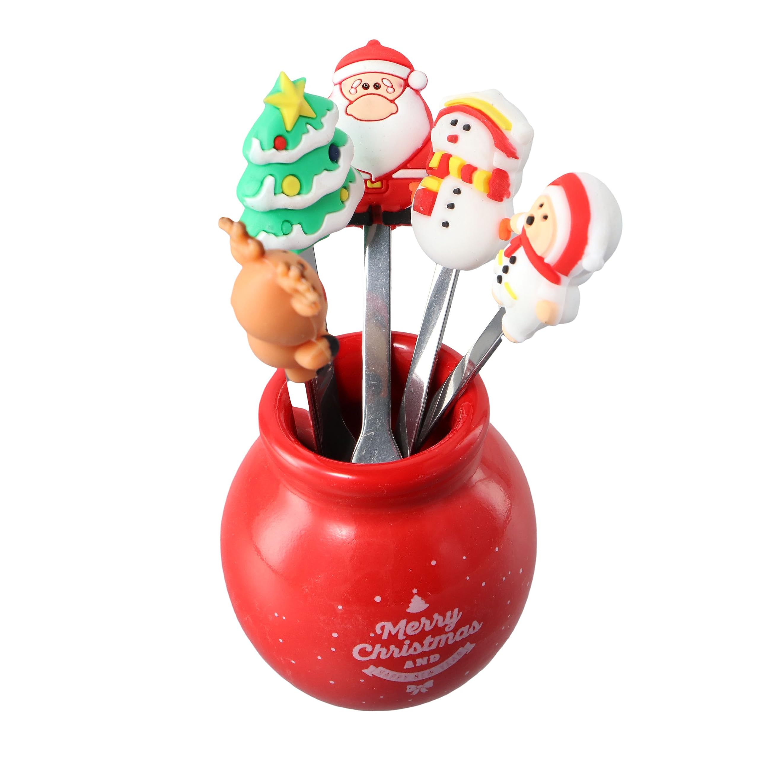 Premium Stainless Steel Food Picks with Ceramic Jars - Cute Cartoon Animal Fruit Forks with Silicone Handles for Cheese, Appetizers, Party Platters & Holiday Gatherings (Christmas, Thanksgiving, Birthday Celebrations)