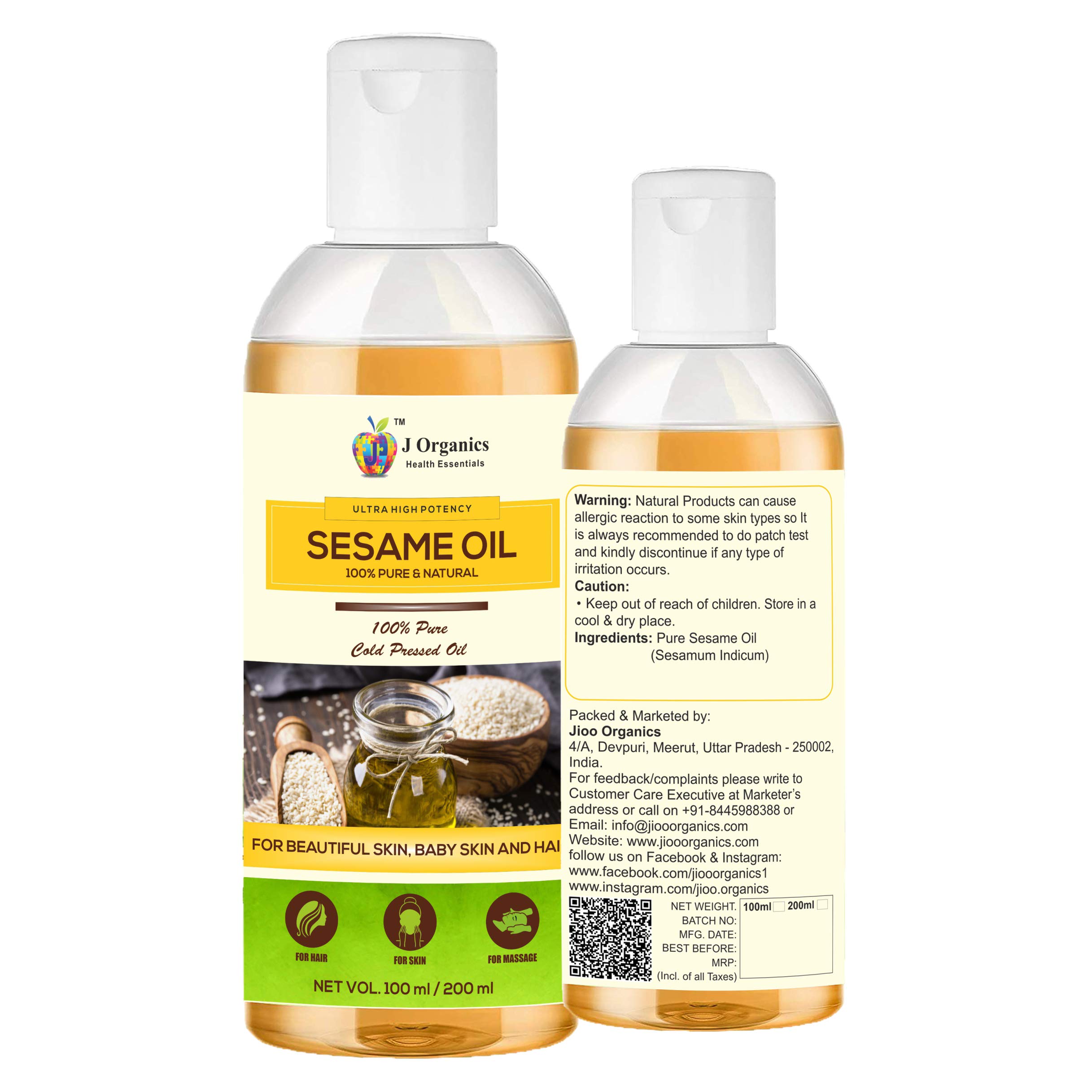 Jioo Organics 100% Pure Cold Pressed Sesame Oil for Hair Growth, Skin Care & Massage - 100% Natural Til Ka Tel - 100ml | Perfect for Ayurvedic Treatments, Aromatherapy & Healthy Heart