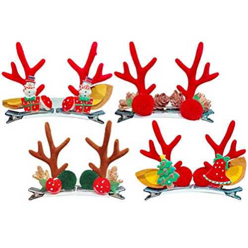 Kisangel 4 Pairs Christmas Hair Clips for Girls - Deer Antler Barrettes Hair Accessories (Kids & Adults) - Perfect for Holiday Parties, School Events & Festive Photos