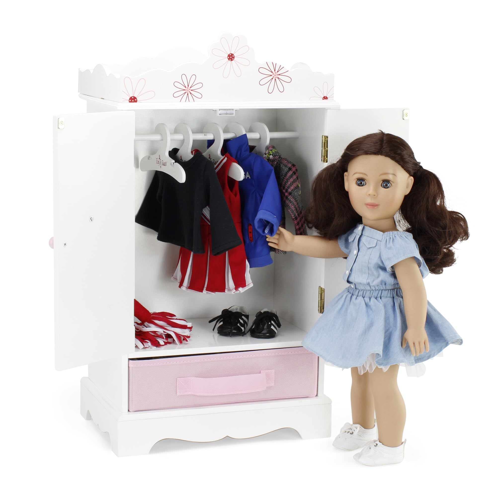 Emily Rose 18 Inch Doll Wooden Wardrobe with 5 Hangers - Floral Design Doll Closet for 18