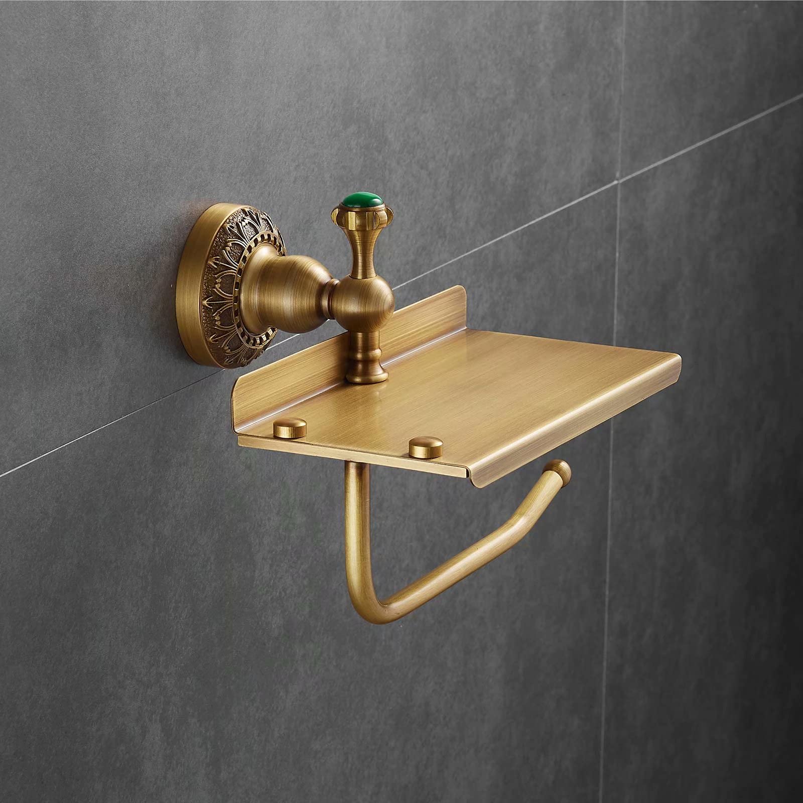 Beelee Solid Brass Wall-Mounted Toilet Paper Holder with Phone Shelf - Antique Brass Bathroom Tissue Roll Dispenser - Perfect for Bathroom, Powder Room & Vanity Organization