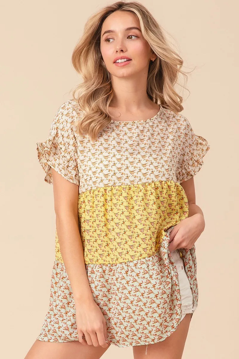 BiBi Floral Printed Woven Color Block Tiered Blouse - Women's Fashion Boho Chic Tunic Top for Casual Wear, Summer Outfits & Beach Vacations