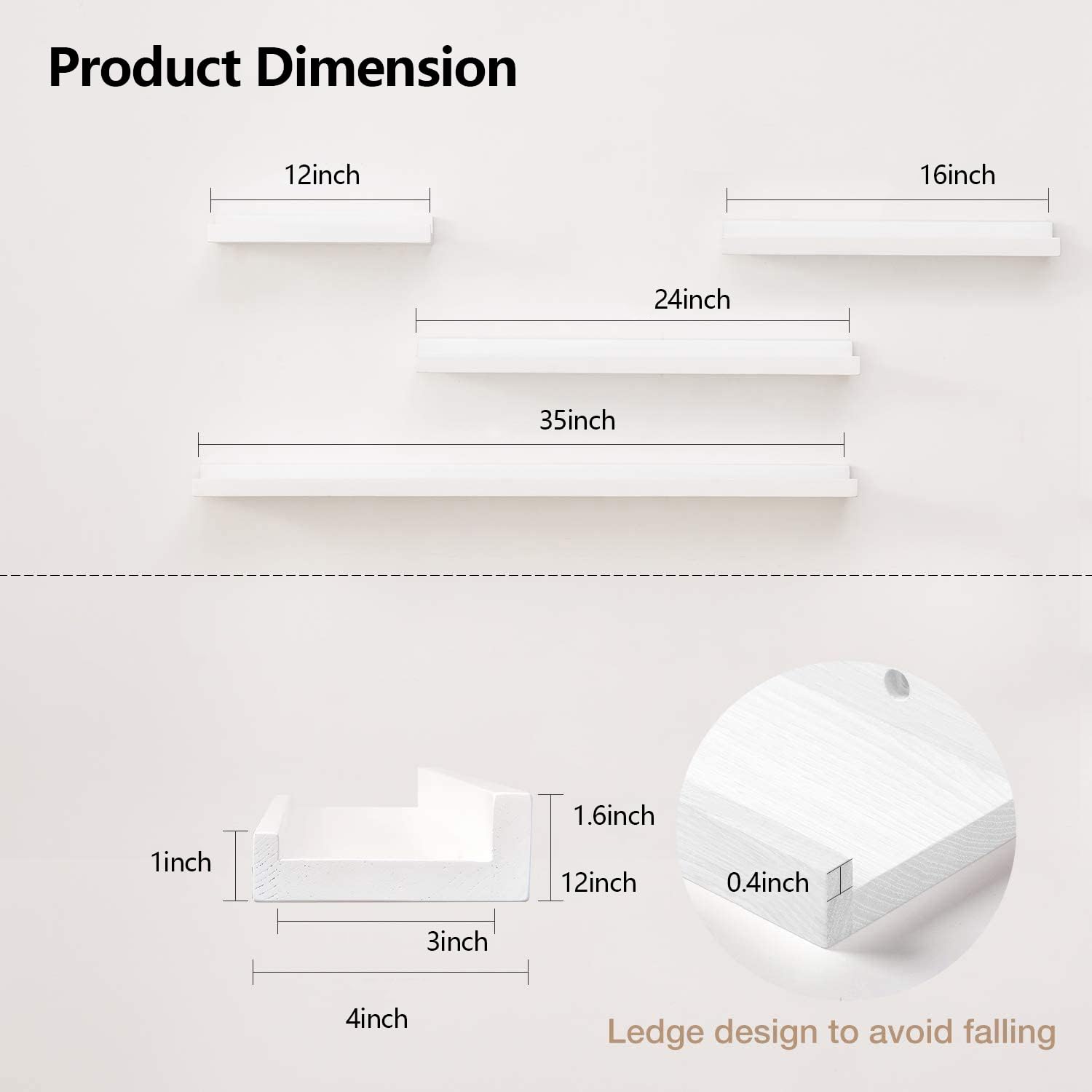 White Solid Oak Wood Floating Shelf - 24 Inch Wall Shelf with Lip for Picture Display | Perfect for Wall Decor in Living Room, Bedroom & Kitchen | Durable & Stylish Home Organization Solution