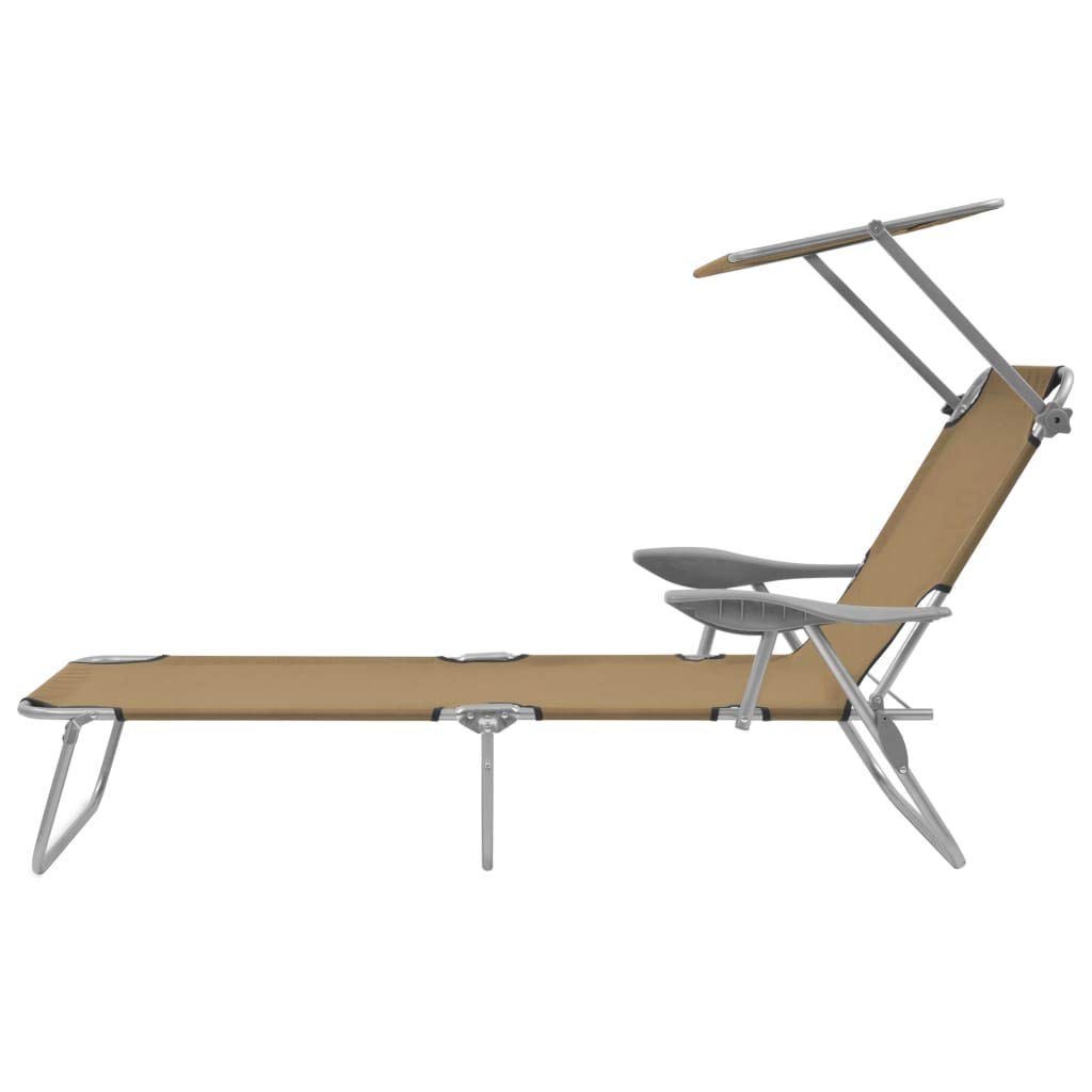 Adjustable Folding Sun Lounger with Canopy - Steel Taupe Recliner Chair with Armrest for Patio, Poolside, Beach, Backyard & Lawn - Perfect for Outdoor Relaxation, Sunbathing and Vacation Use