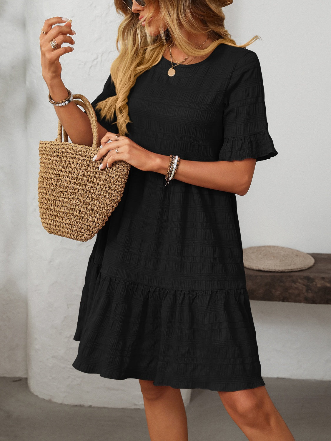 Mandy Women's Ruffled Ruched Round Neck Half Sleeve Casual Dress for Summer, Party, and Date Night